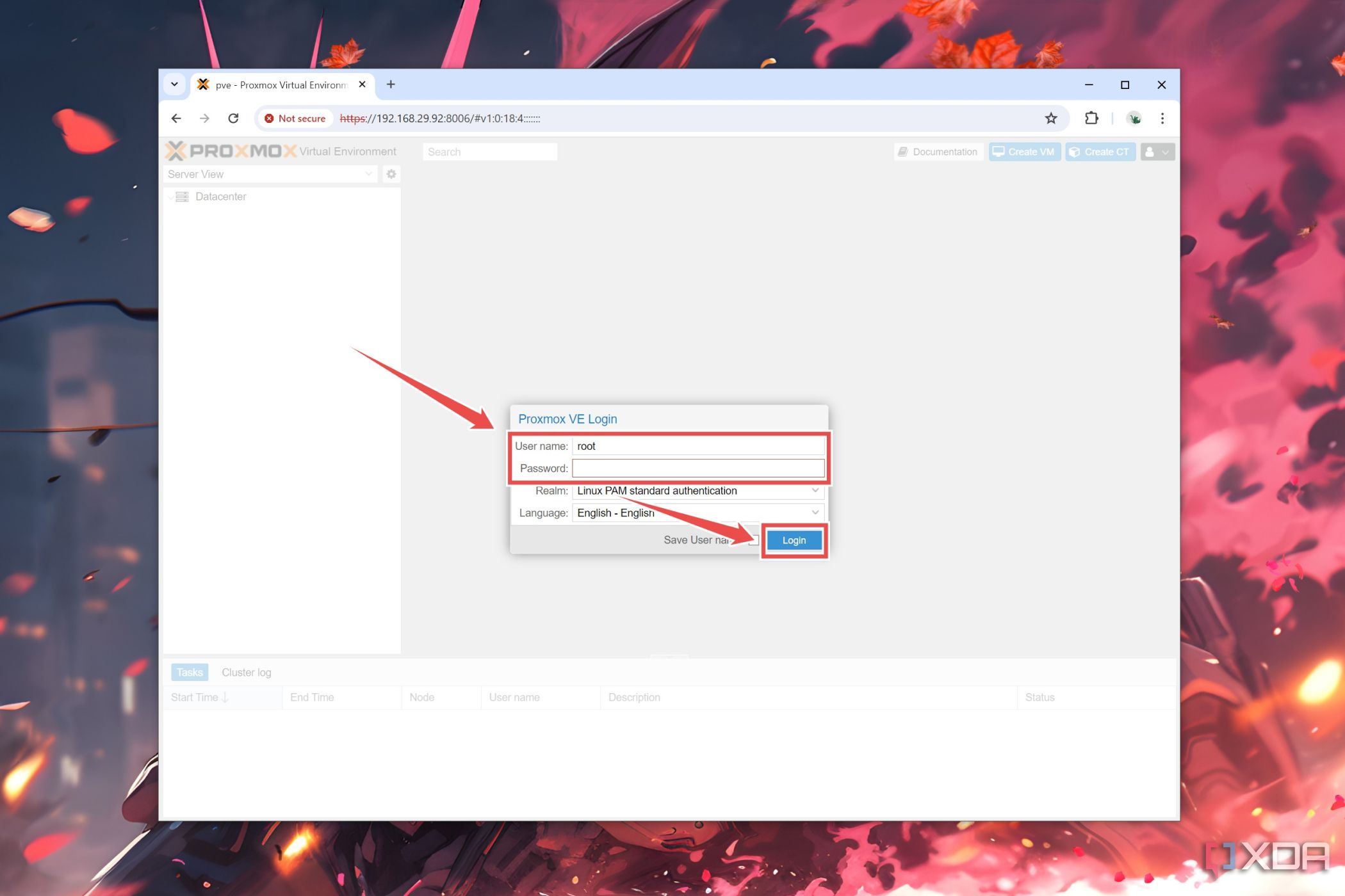 Las opciones de nombre de usuario y contraseña en la interfaz web de Proxmox