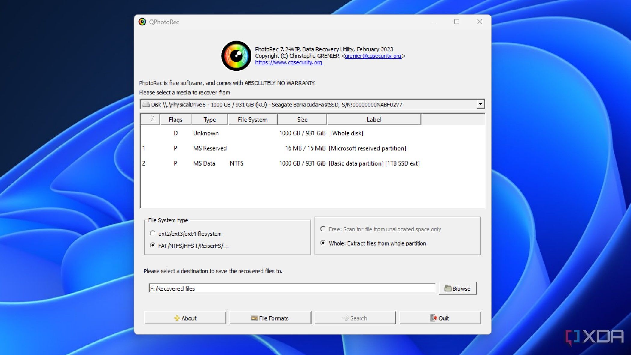 Captura de pantalla de la interfaz gráfica de usuario de qphotorec a punto de recuperar archivos eliminados