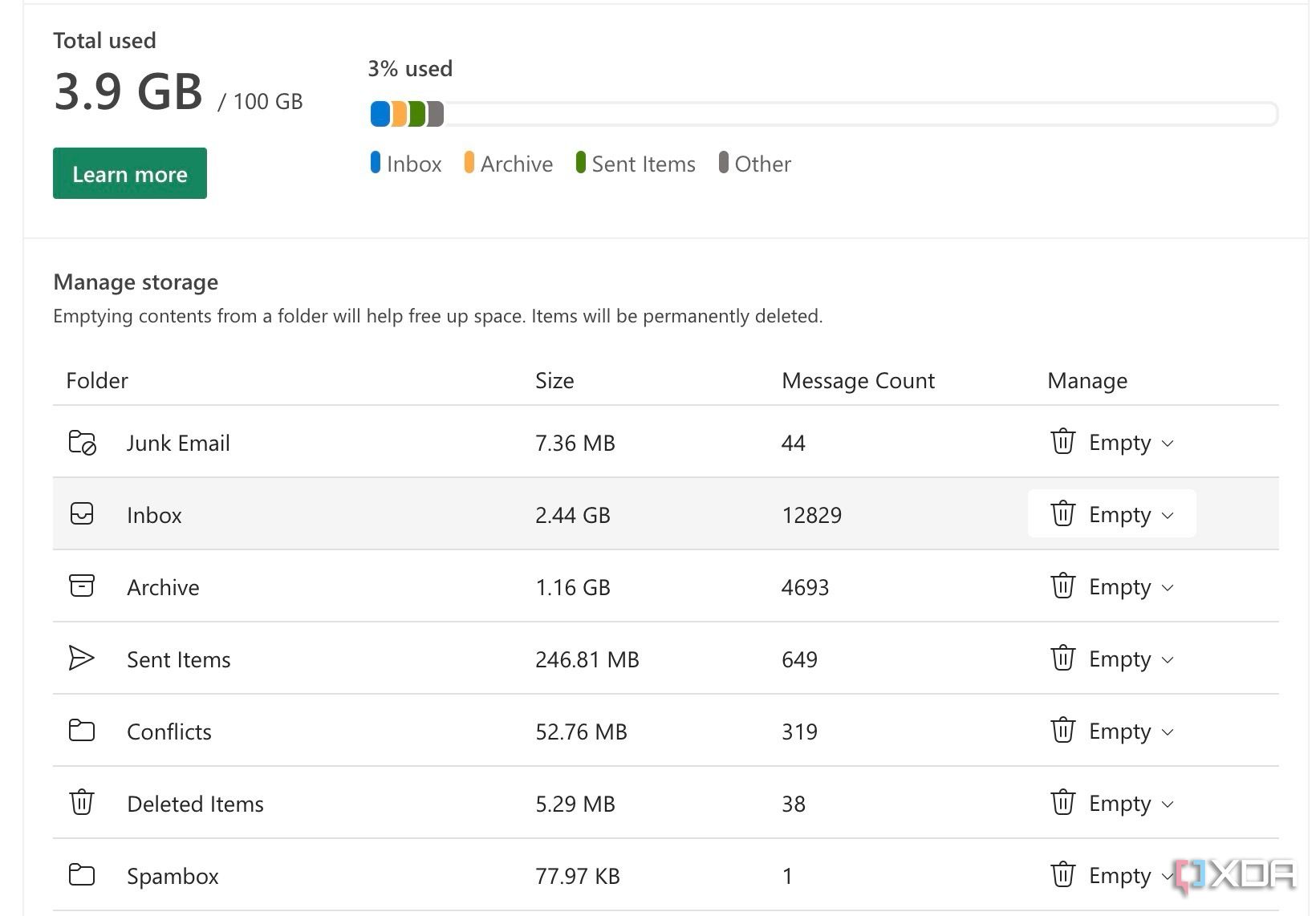 Manage outlook storage