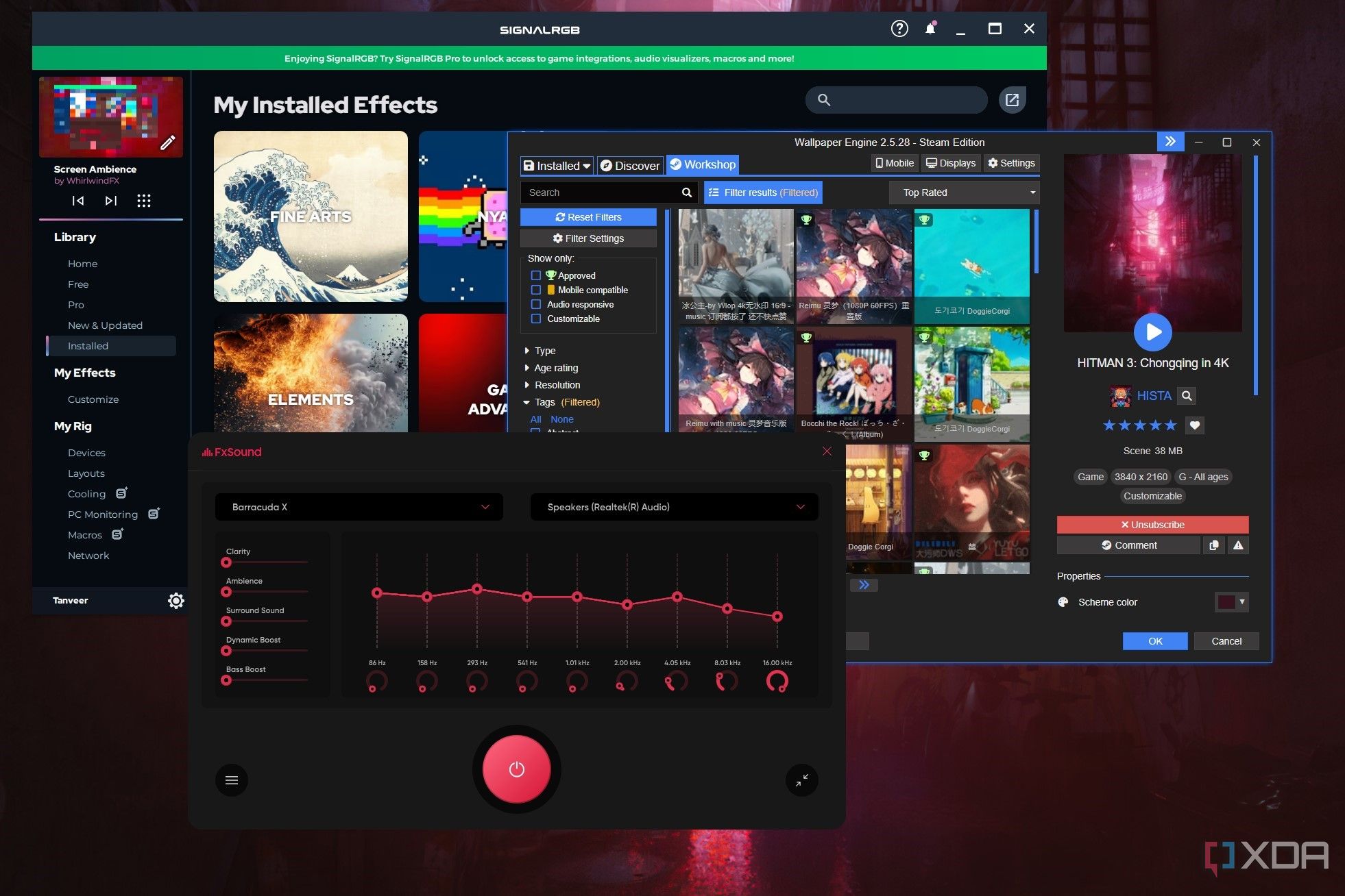 Ventanas de SignalRGB, Wallpaper Engine y FxSound en un escritorio de Windows