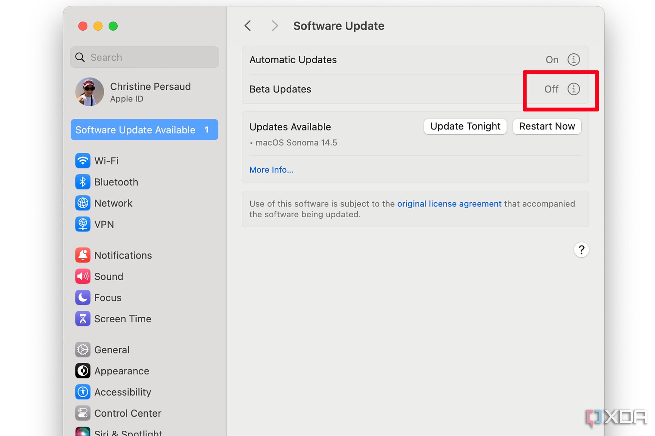 Página de actualización de software en una Mac que muestra las actualizaciones beta desactivadas