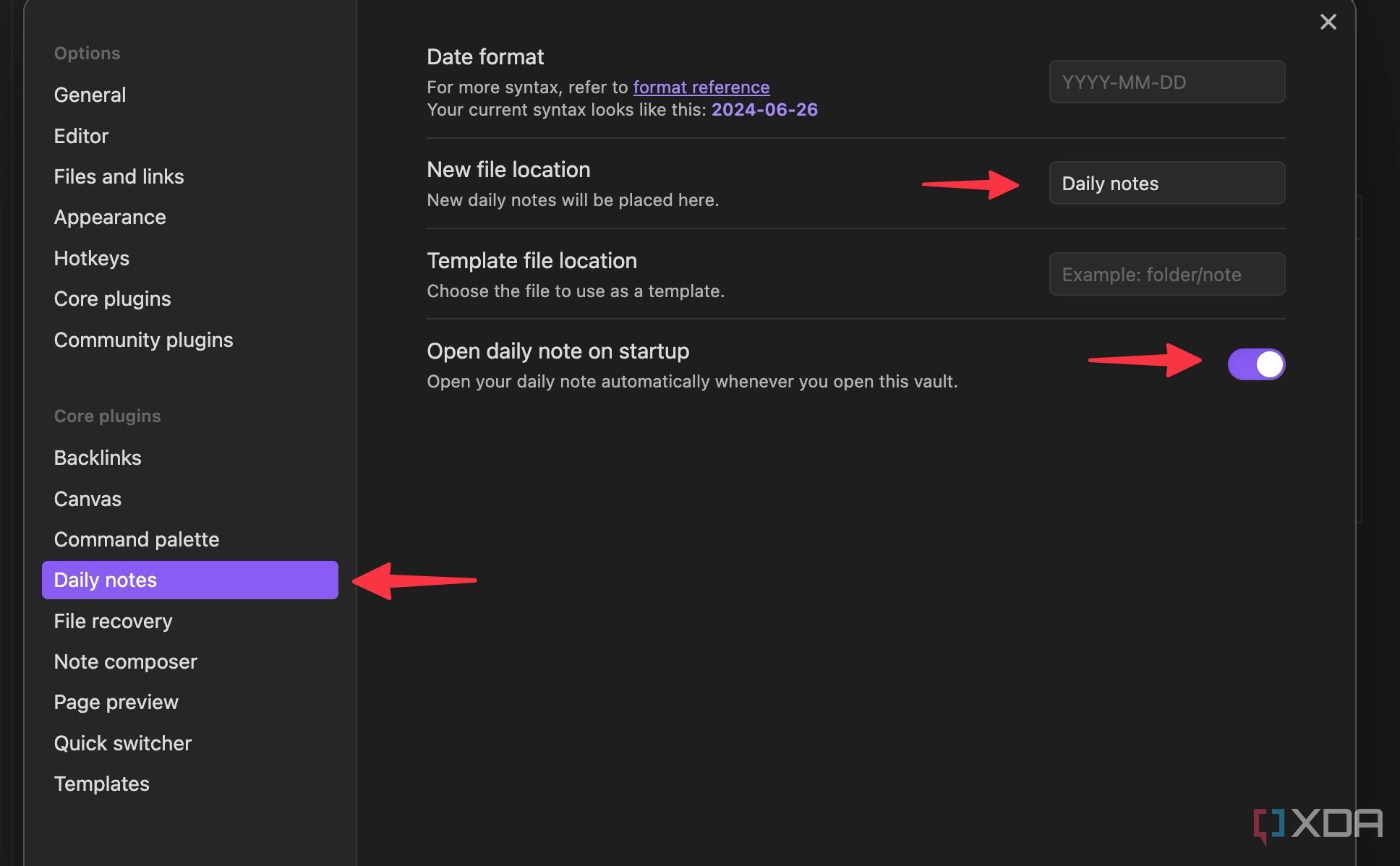 A screenshot showing Obsidian Daily notes settings