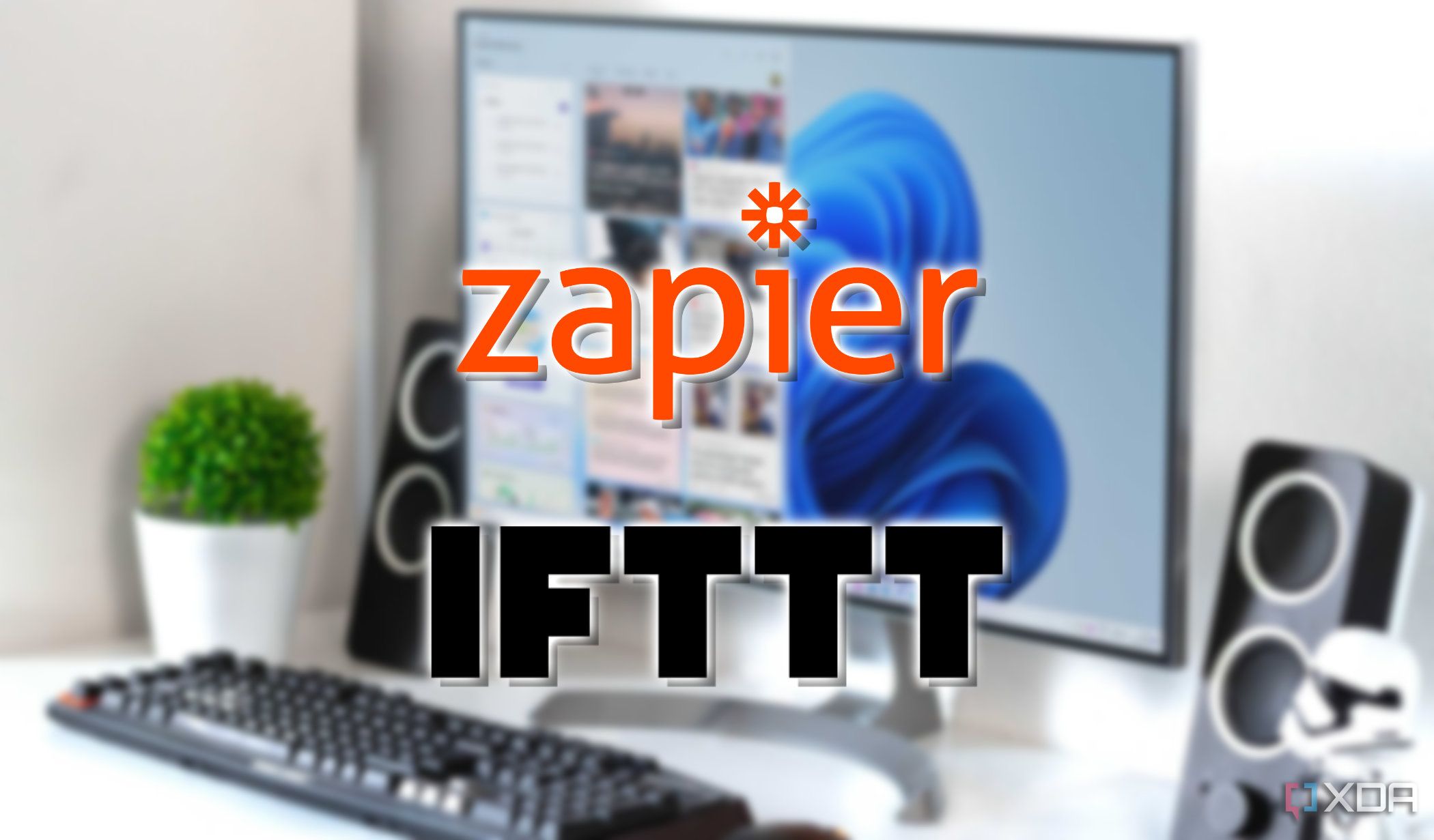 zapier and ifttt logos floating over a blurred computer on a desktop