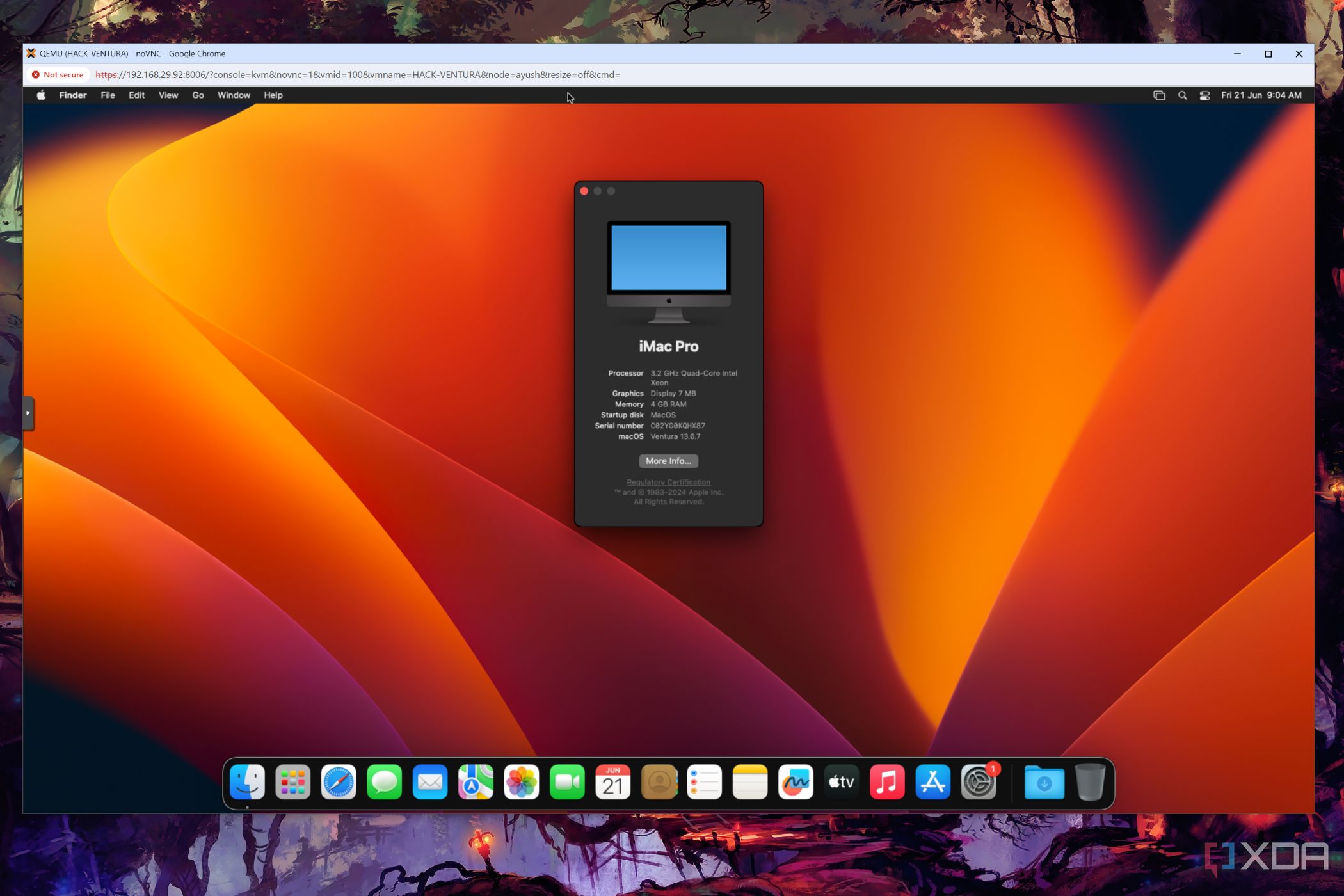 Una máquina virtual Proxmox que ejecuta macOS Ventura, con las especificaciones del sistema mostradas en el escritorio