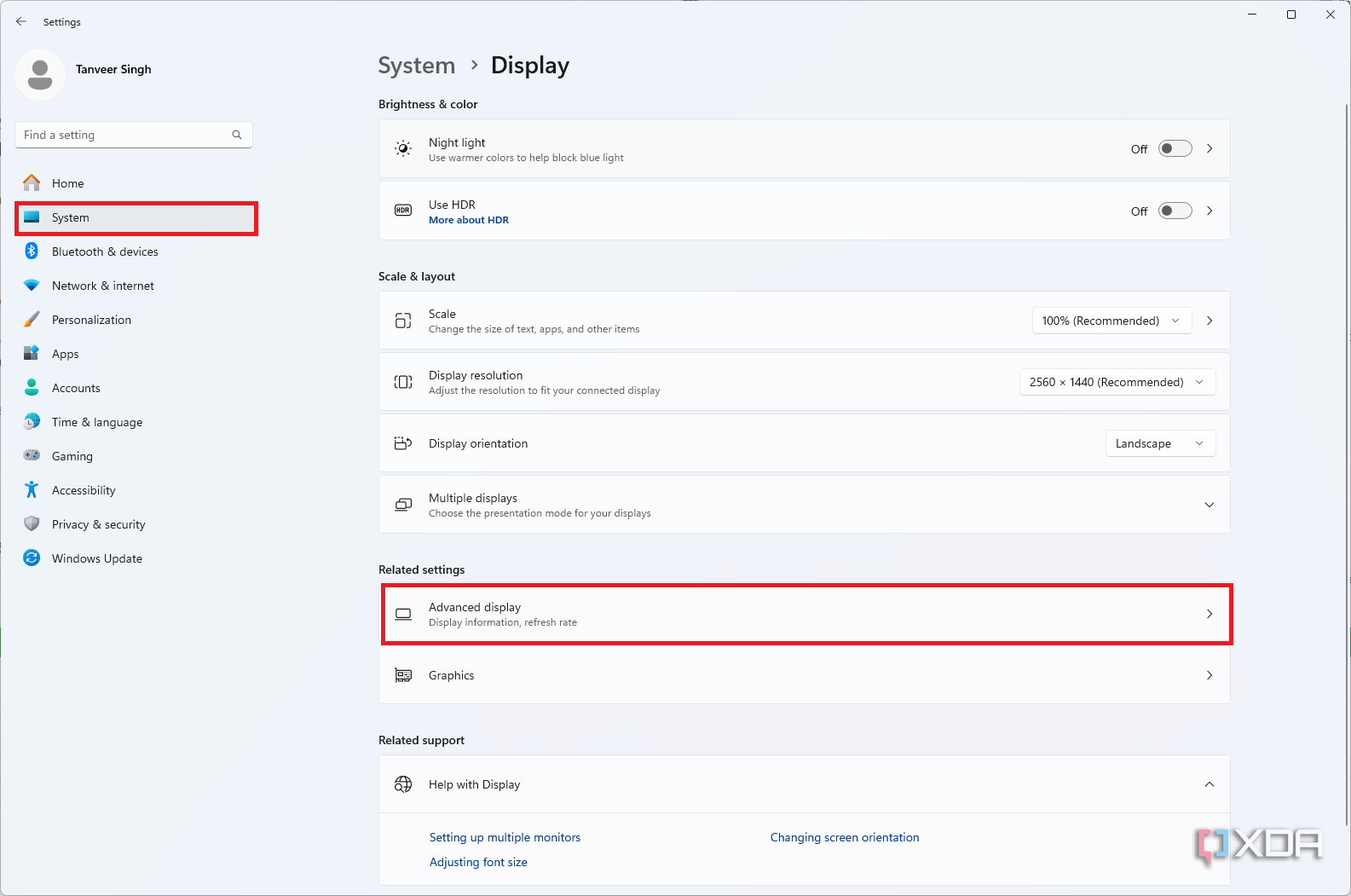 Windows 11advanced display settings