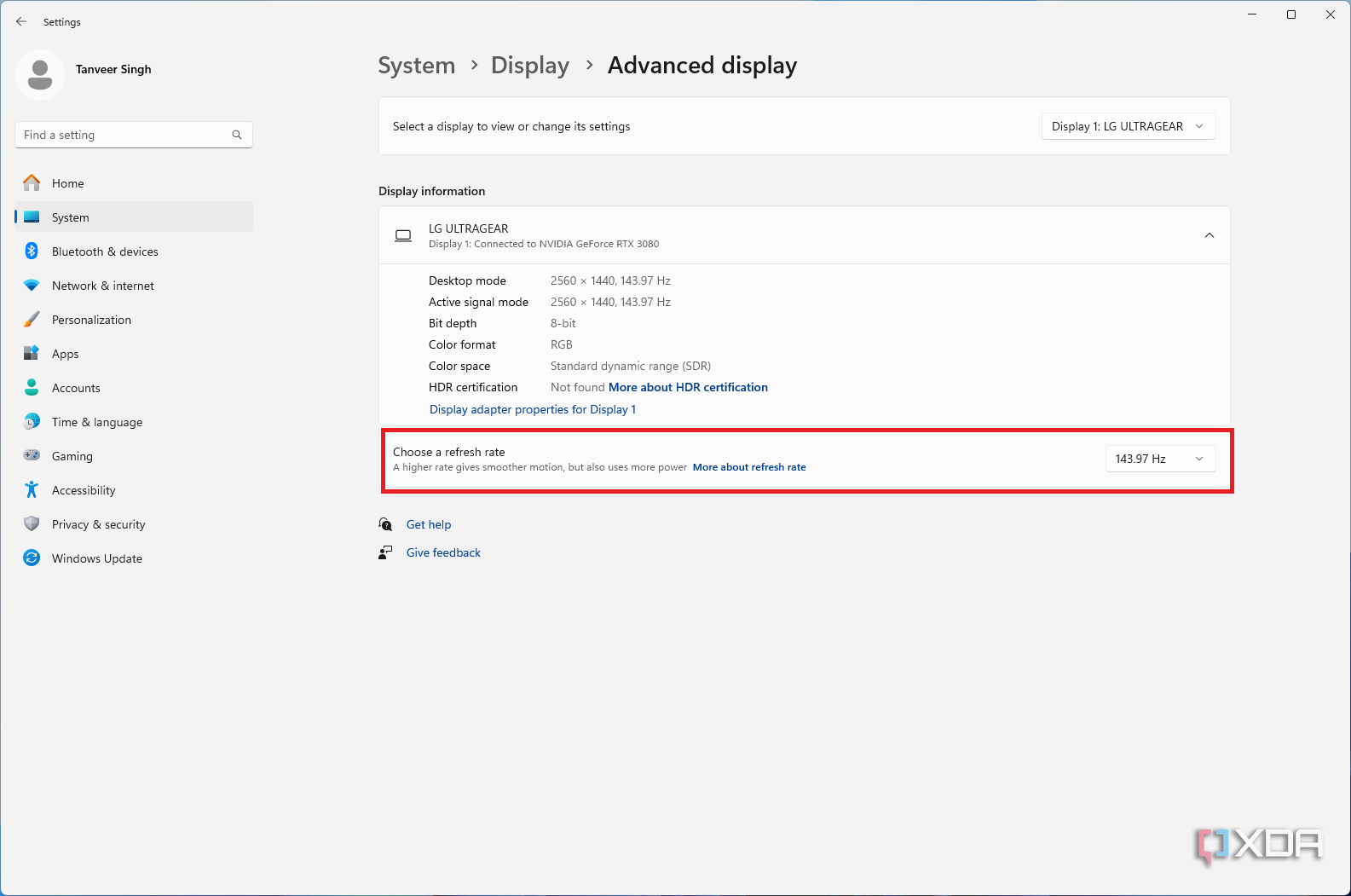 Windows 11 choose refresh rate in advanced display settings