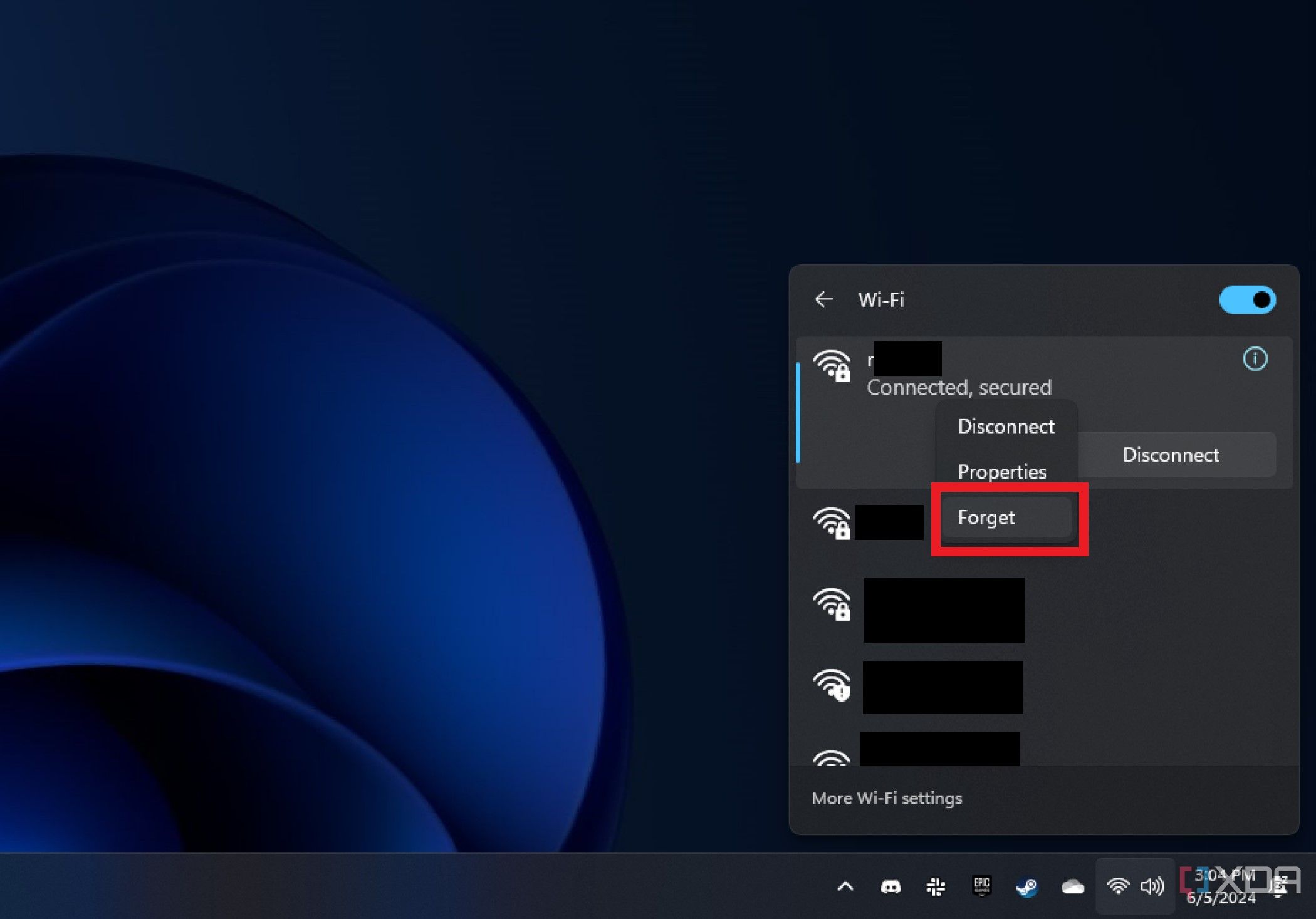 Captura de pantalla del widget de configuración rápida de Windows 11 que muestra cómo olvidar una red wifi