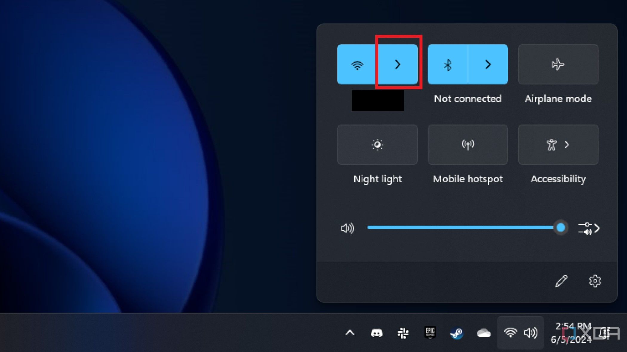 Captura de pantalla de la configuración rápida de Windows 11 con el botón de lista de wifi resaltado