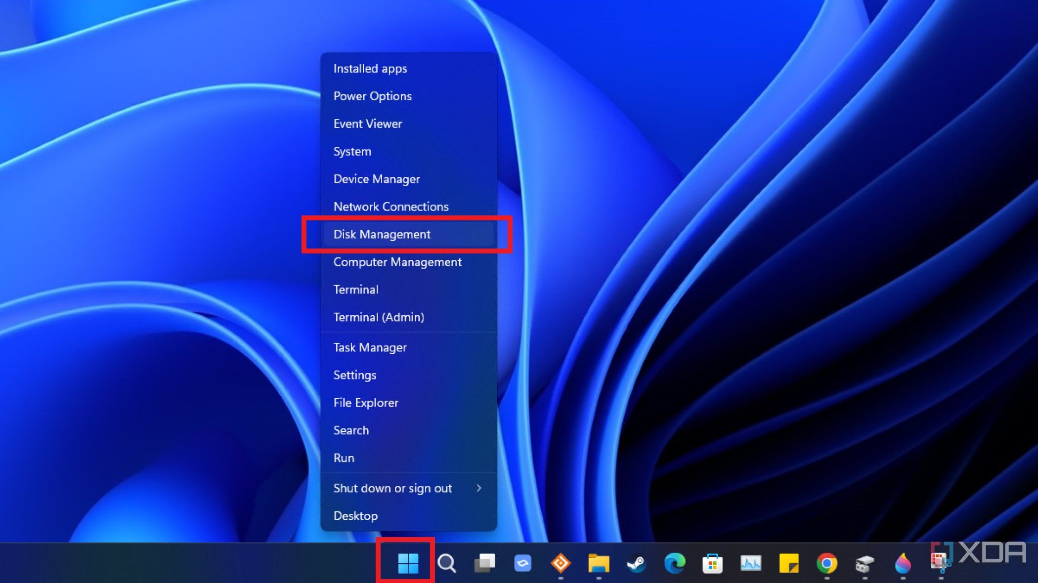 screenshot of windows 11 start menu right-click menu with disk management highlighted