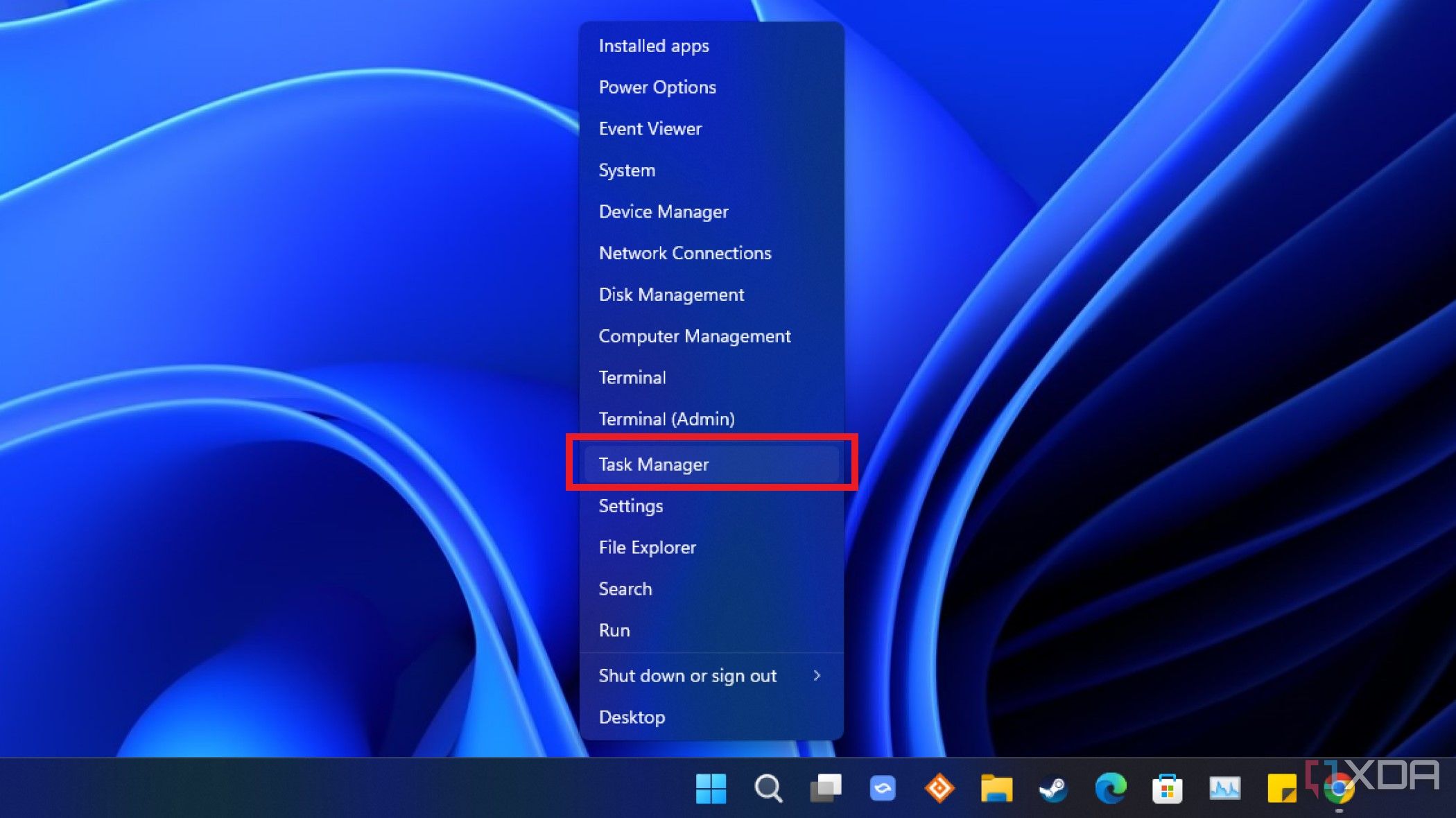 Captura de pantalla del menú de clic derecho del botón de inicio de Windows 11 con el administrador de tareas resaltado