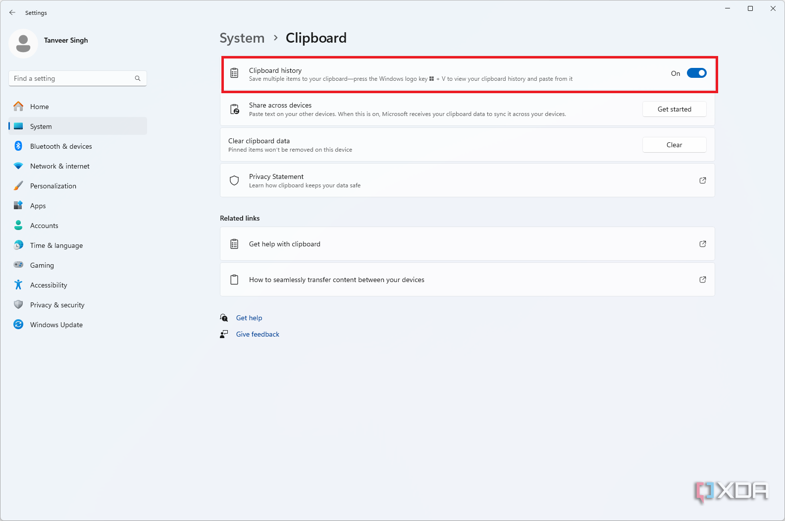 Windows 11 clipboard history settings