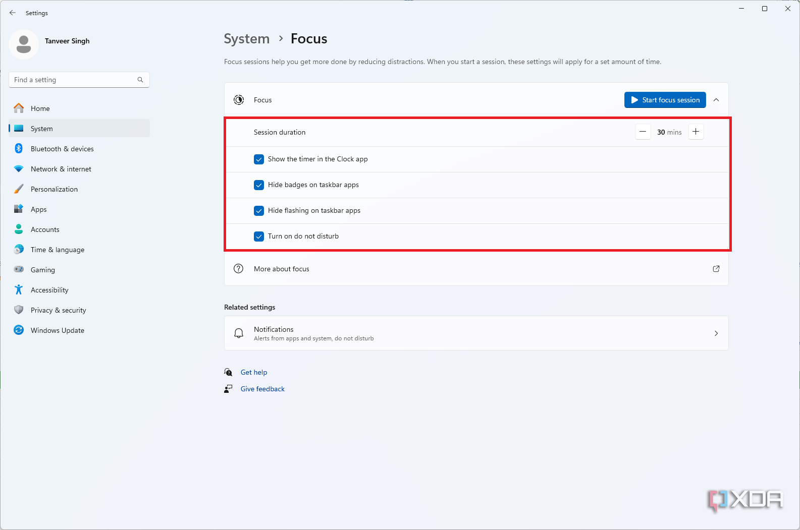 Windows 11 focus settings and features