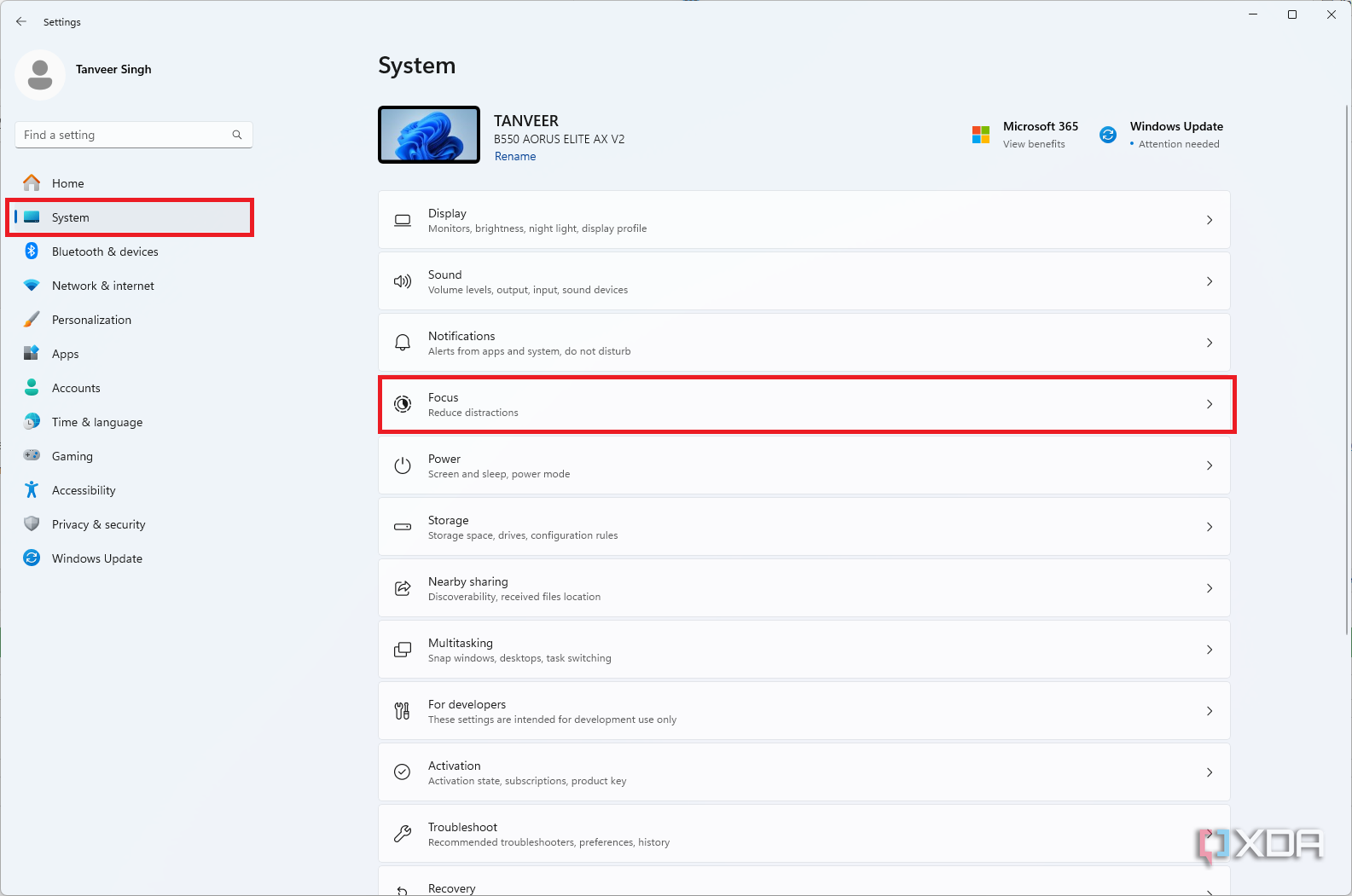 Windows 11 system settings and focus settings