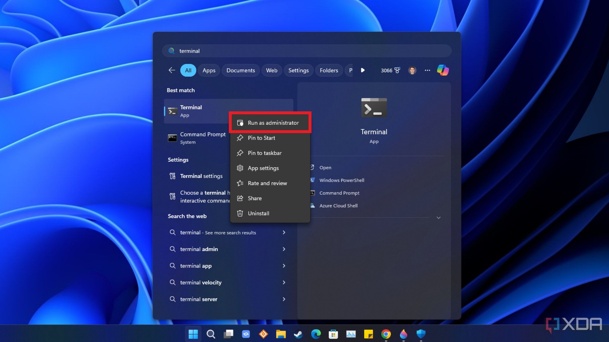screenshot of windows 11 start menu running the terminal app as administrator