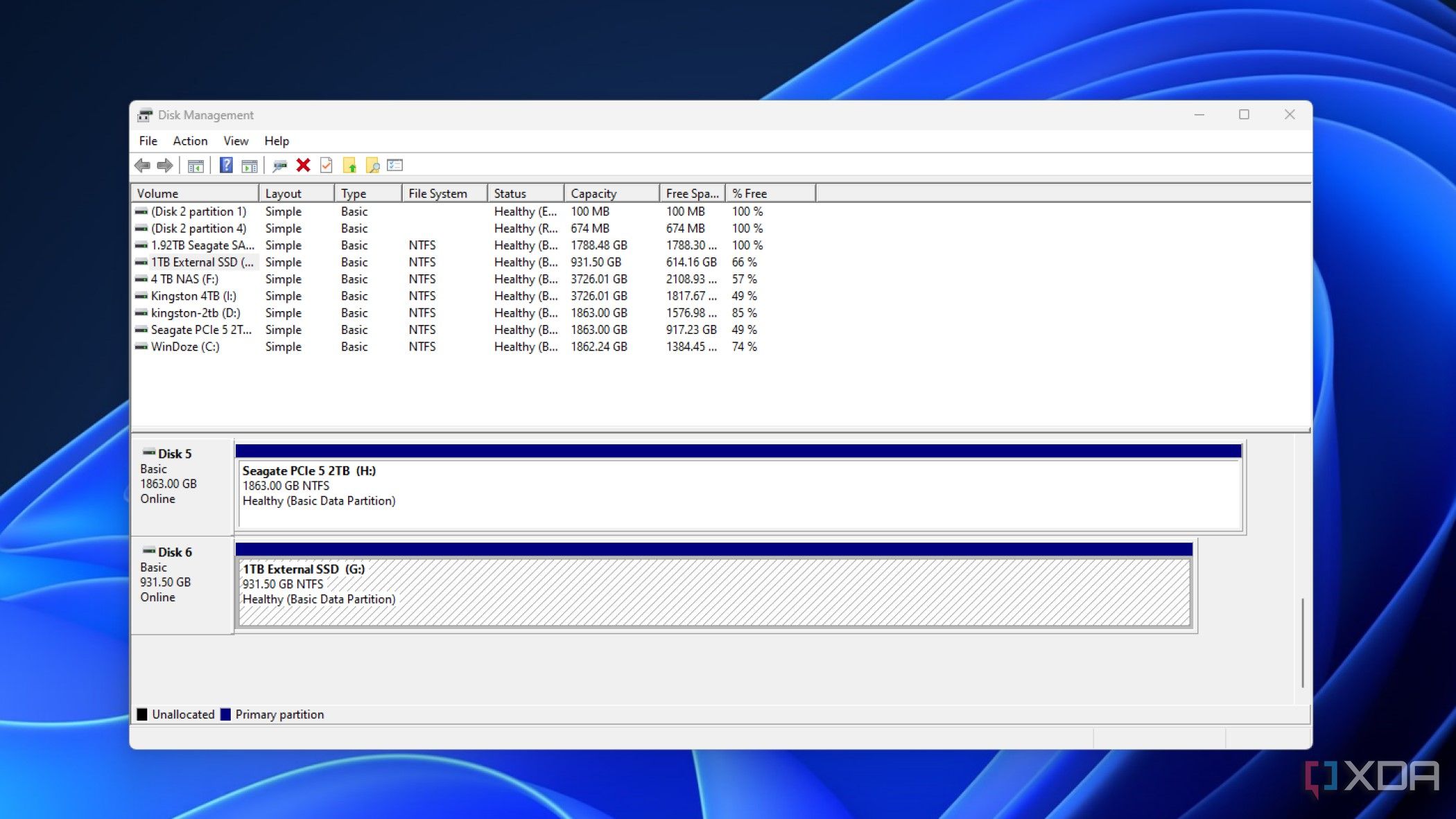 screenshot of windows disk management showing an external drive