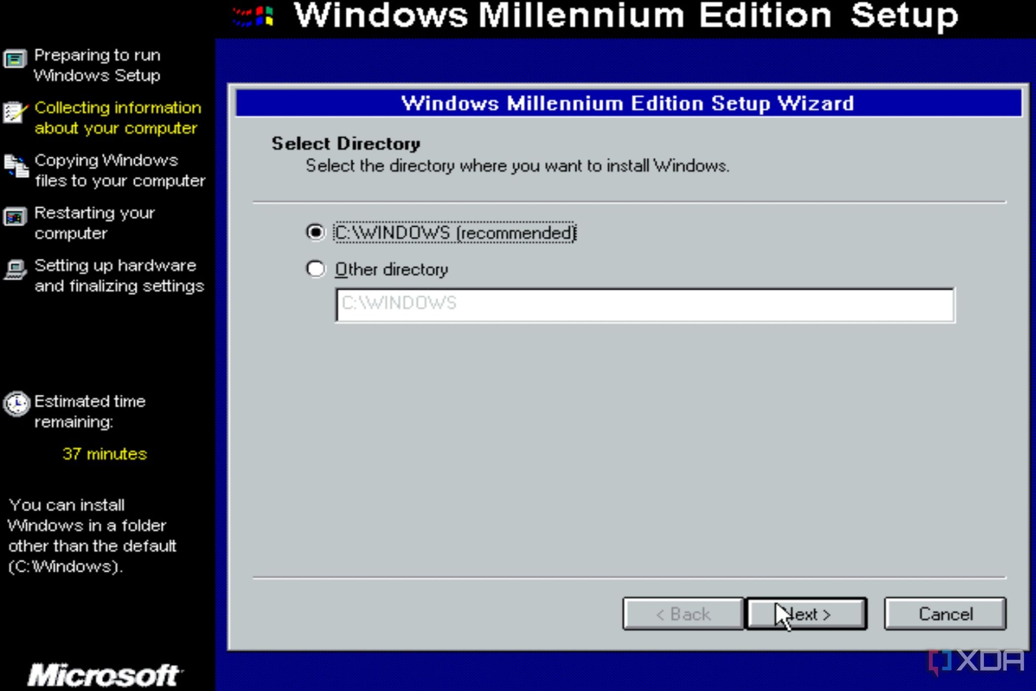 La página Directorio del Asistente de instalación de Windows ME