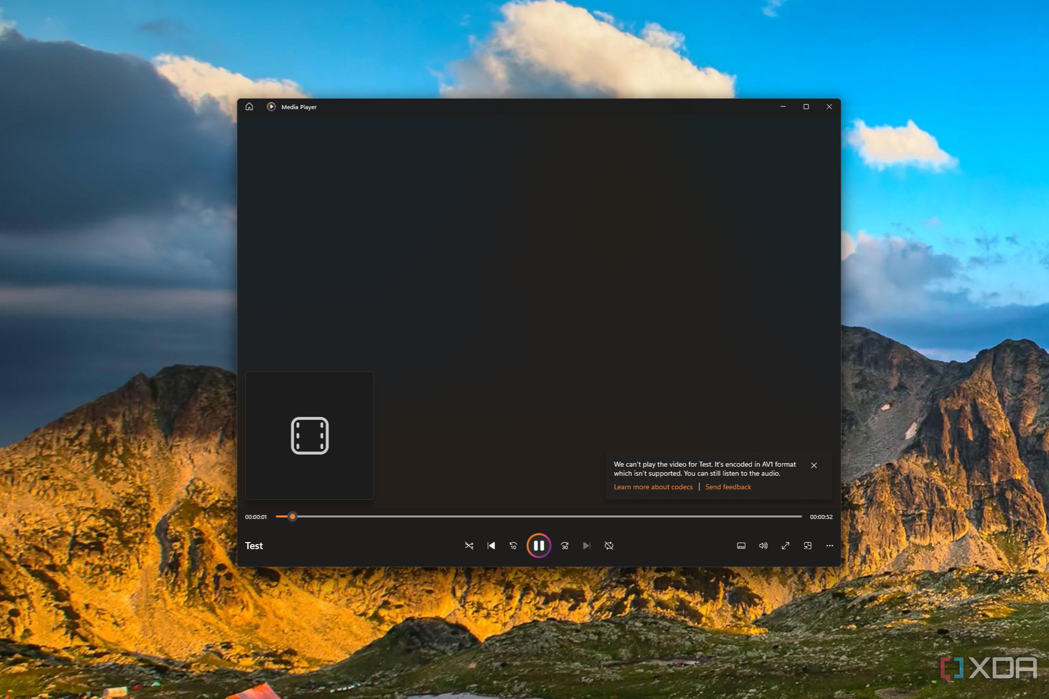 Captura de pantalla del reproductor de Windows Media que muestra un error al intentar reproducir un video AV1