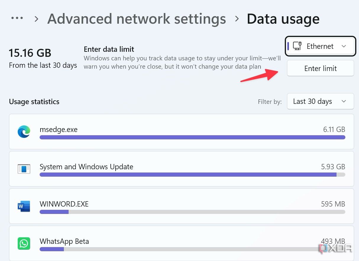 Una captura de pantalla que muestra el límite de datos de Windows