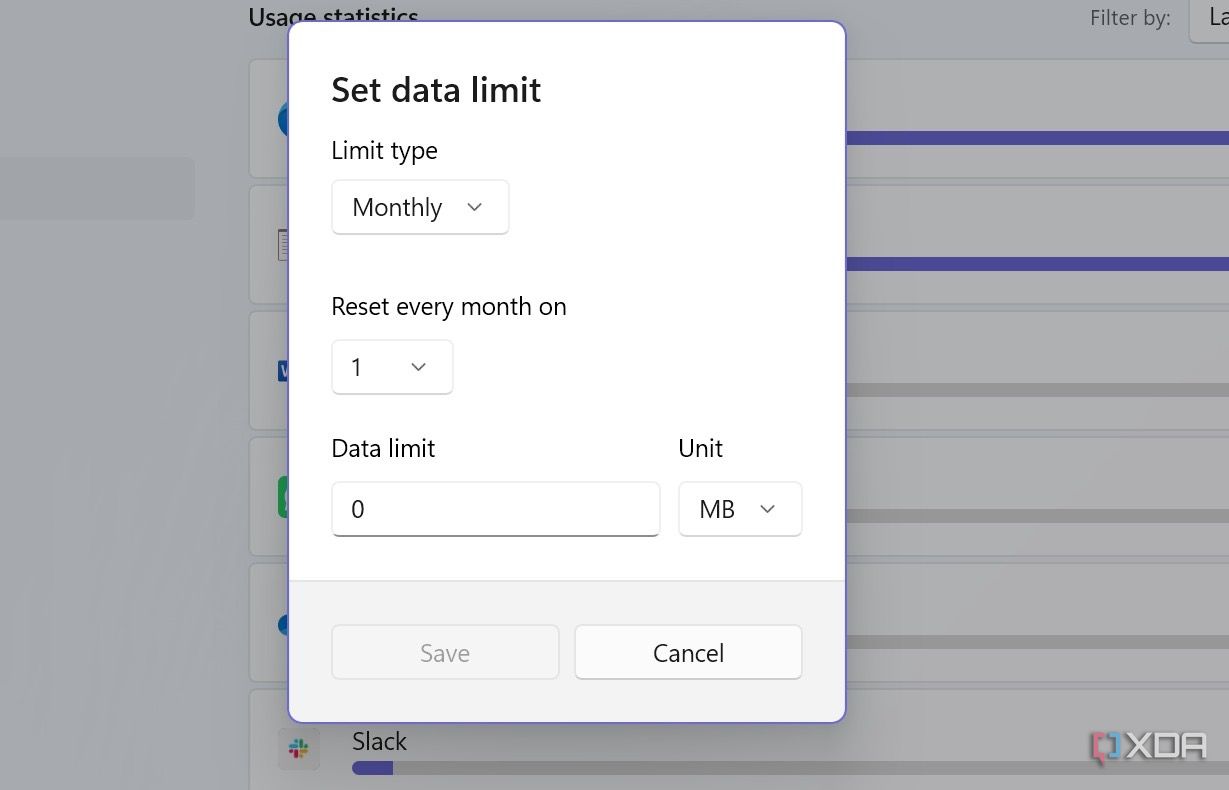 Una captura de pantalla que muestra el límite de datos establecido por Windows