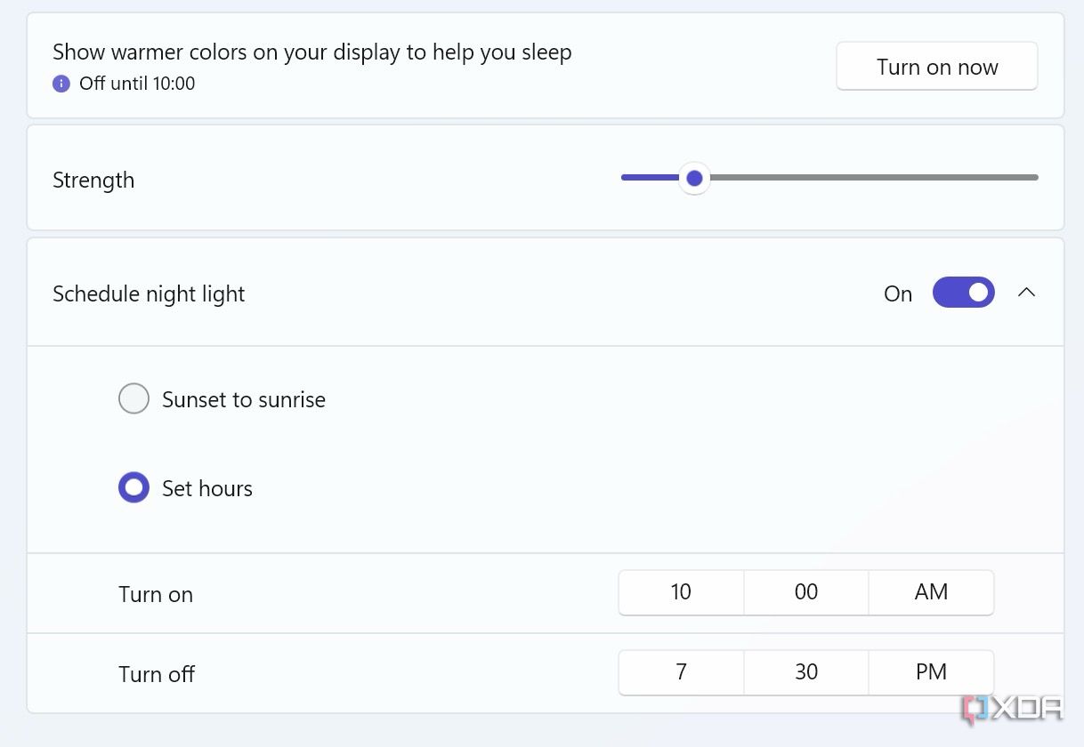 Una captura de pantalla que muestra la configuración de la luz nocturna de Windows