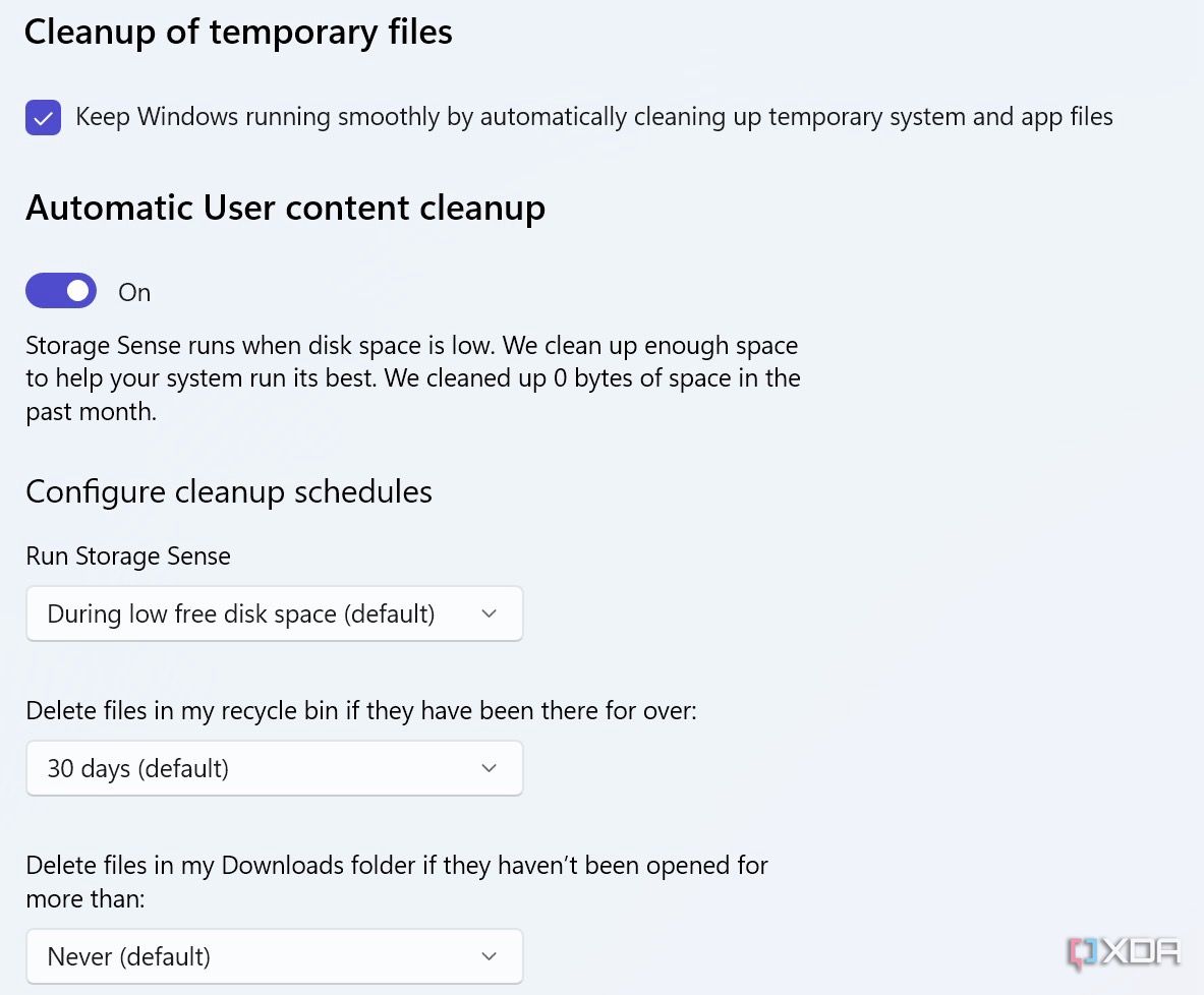 Una captura de pantalla que muestra el menú de Windows Storage Sense