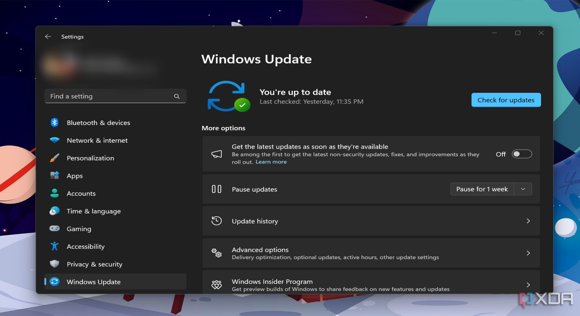 Screenshot showing the Windows Update page in the Settings app