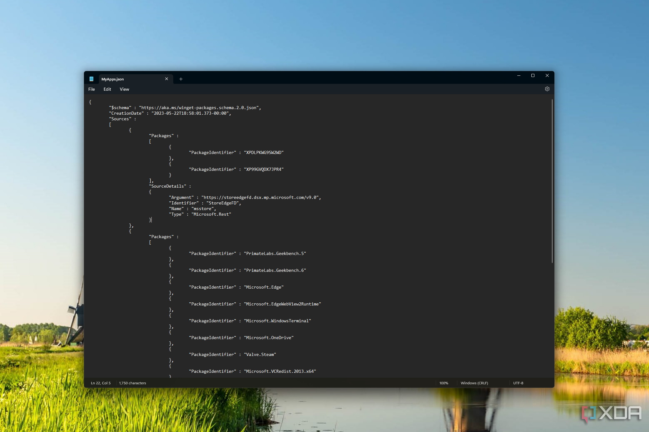 Screenshot del Blocco note che mostra un elenco di app di cui è stato eseguito il backup con Gestione pacchetti di Windows
