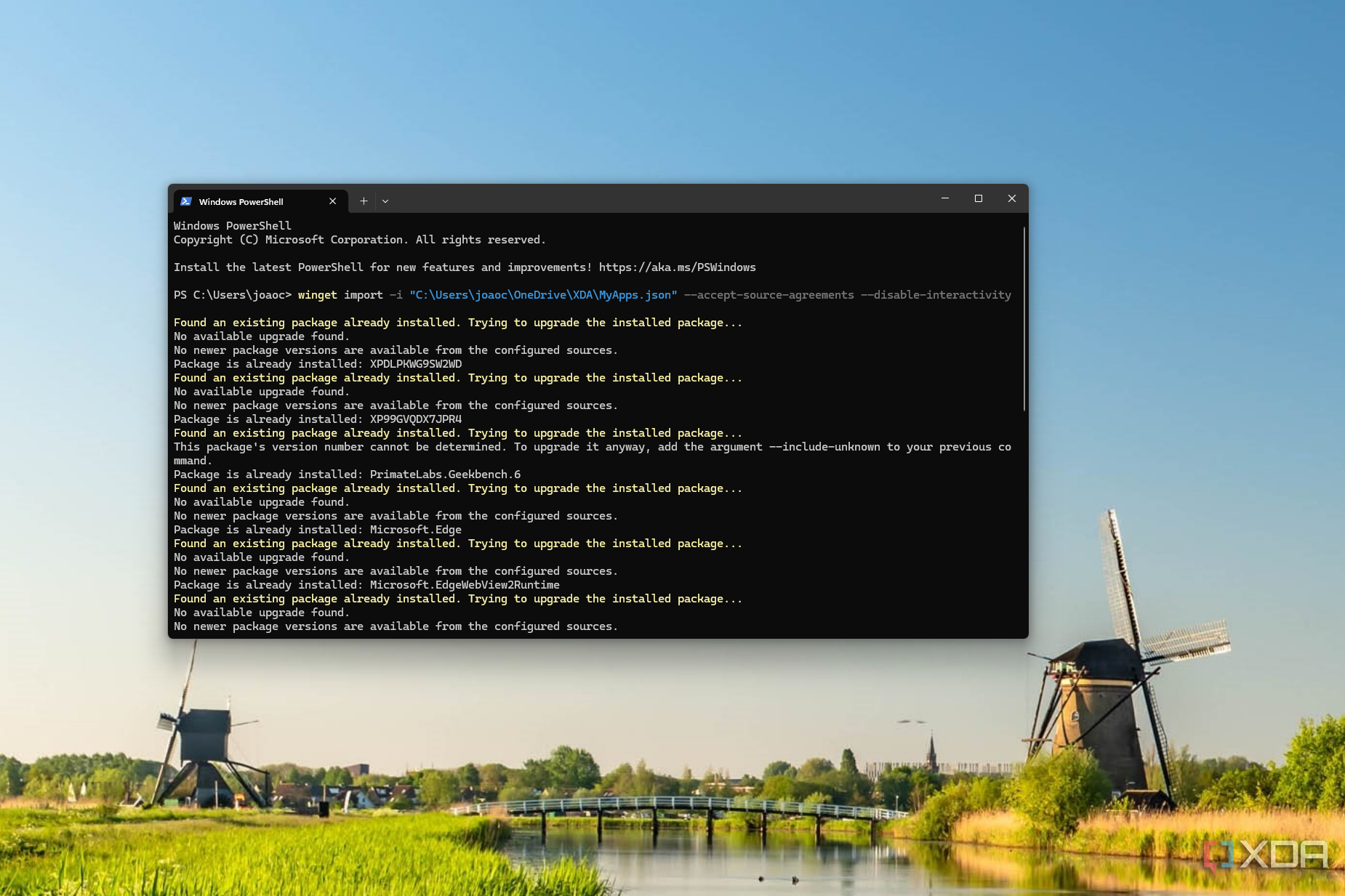 Screenshot del Terminale Windows che tenta di installare app da un file di backup