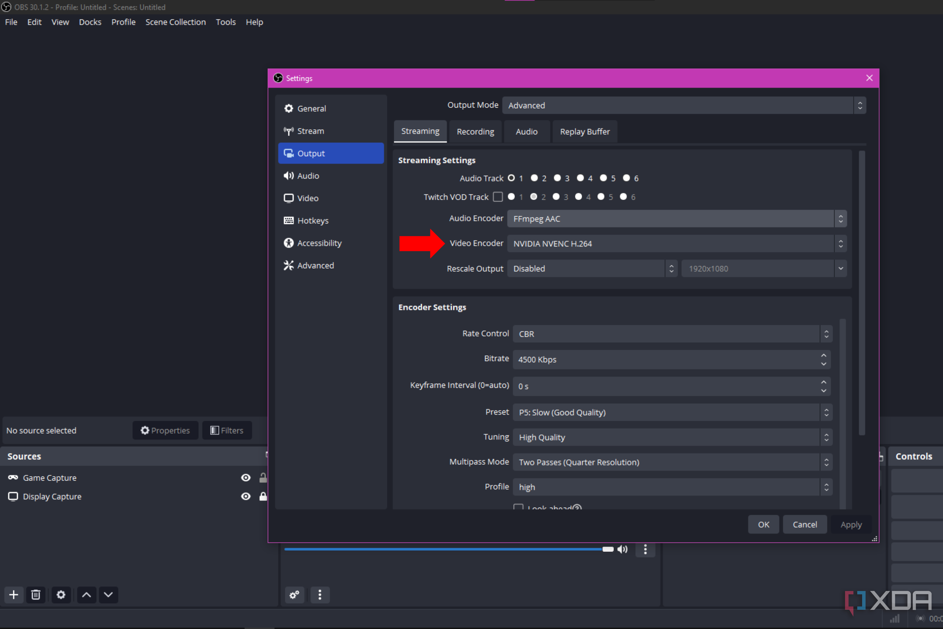 An arrow pointing to the Video Encoder setting in OBS Studio