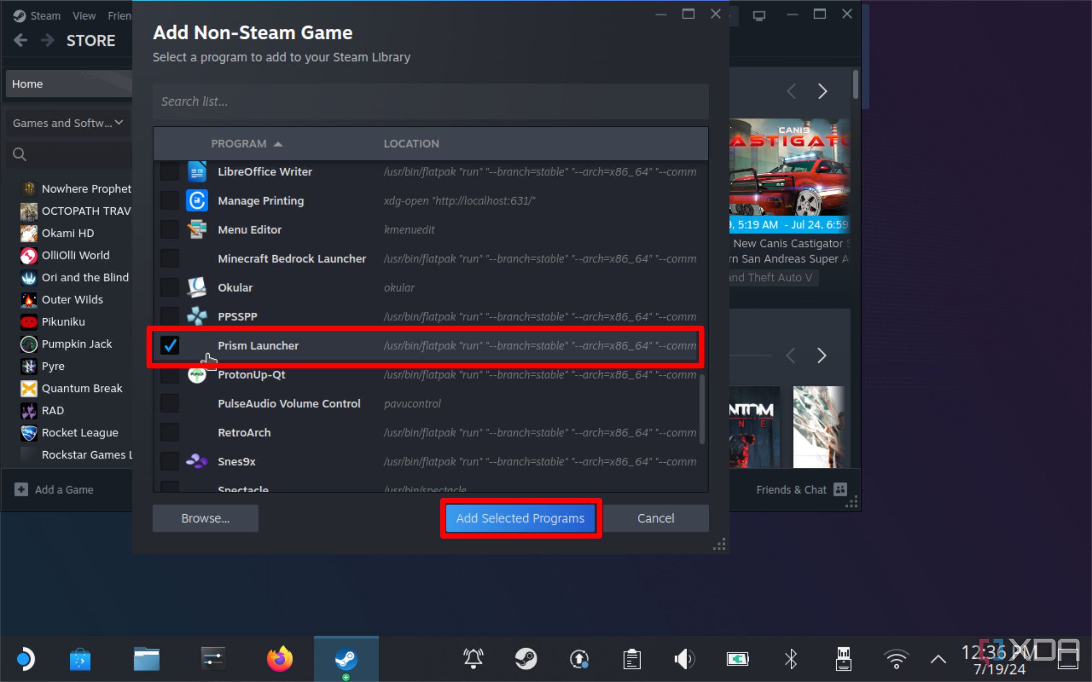 Captura de pantalla de Steam agregando Prism Launcher como un juego que no es de Steam