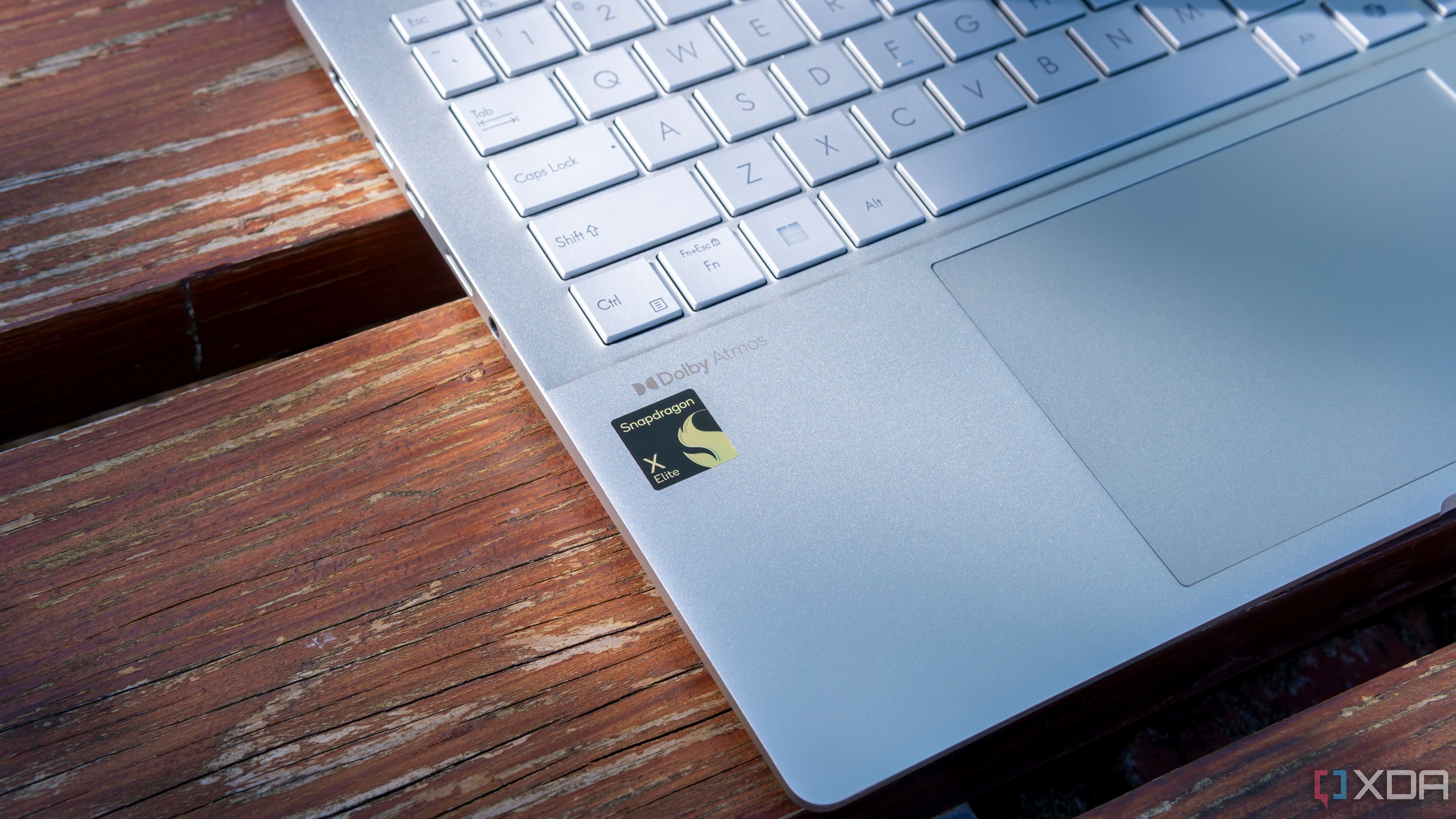 Close-up of the Snapdragon X Elite sticker on the Asus Vivobook S 15