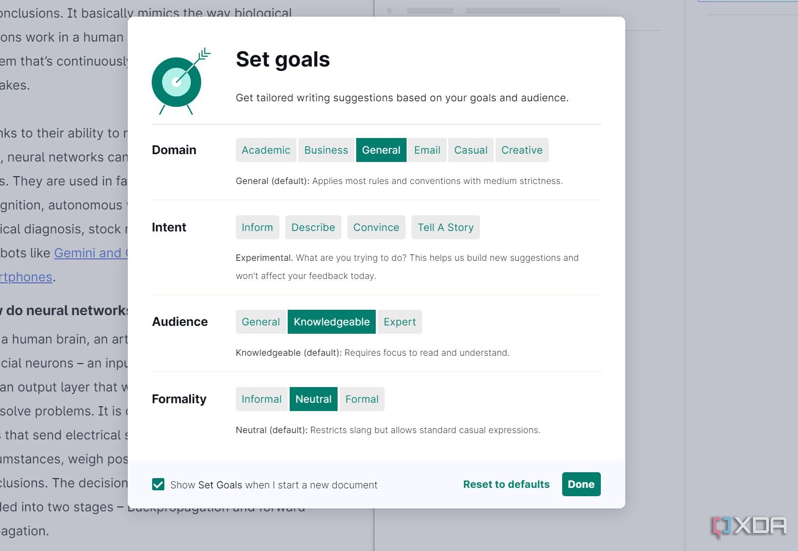 A screenshot showing Grammarly’s goals