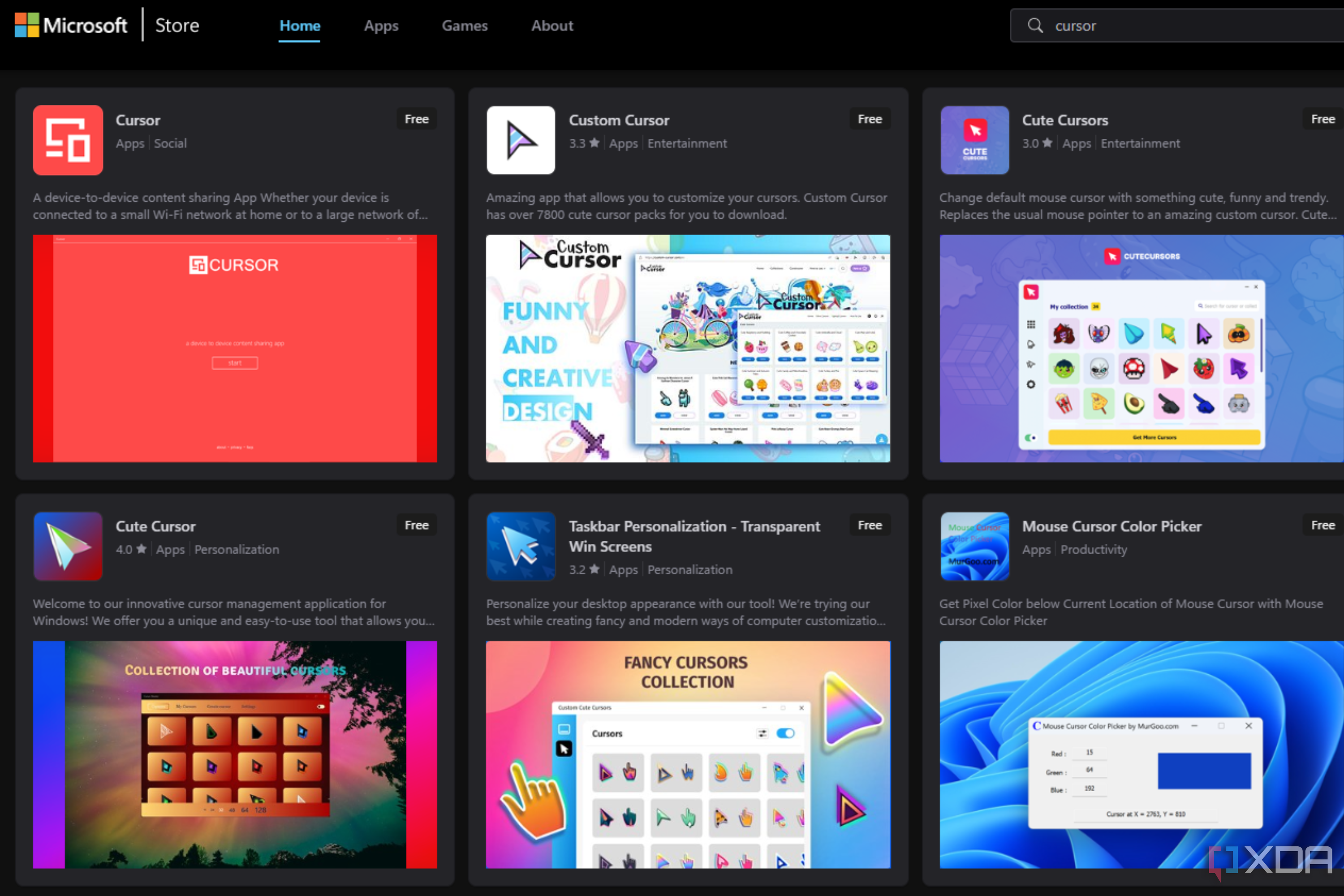 La página web de Microsoft Store con una selección de aplicaciones de cursor mostradas