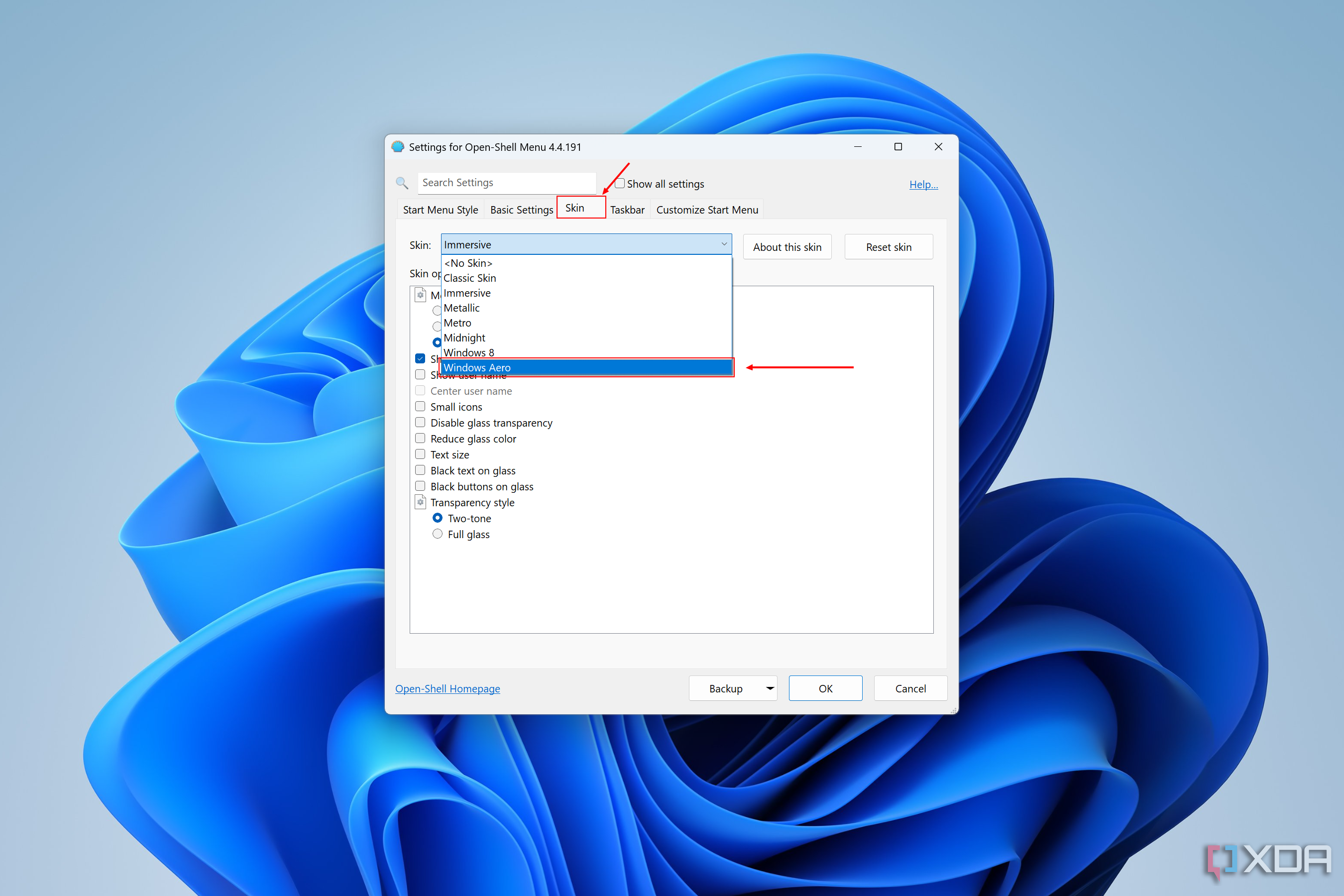 Screenshot of OpenShell settings showing the option to change the Start menu skin. The Windows Aero option is highlighted