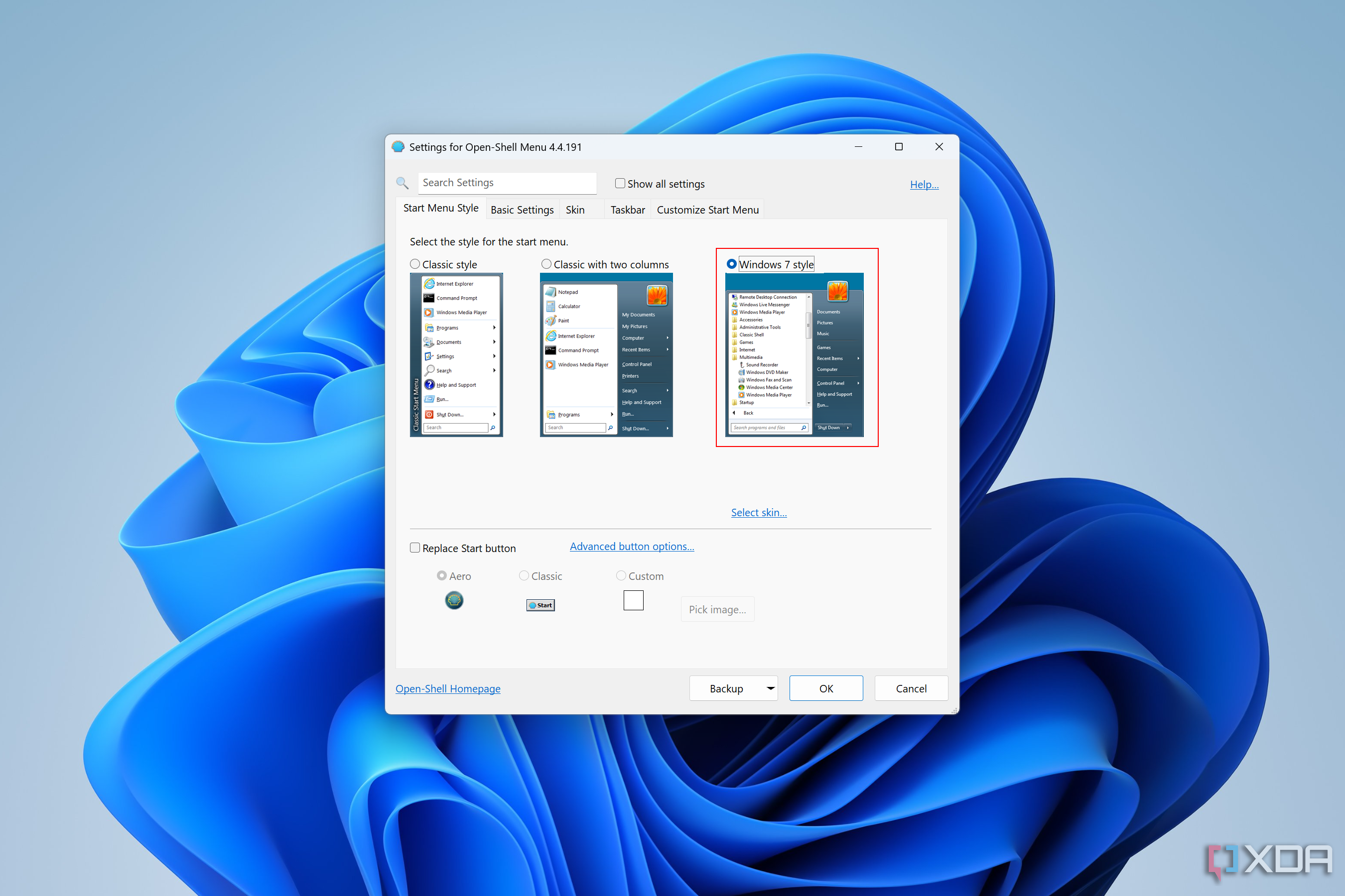 Screenshot of OpenShell settings with the Start menu style set to Windows 7