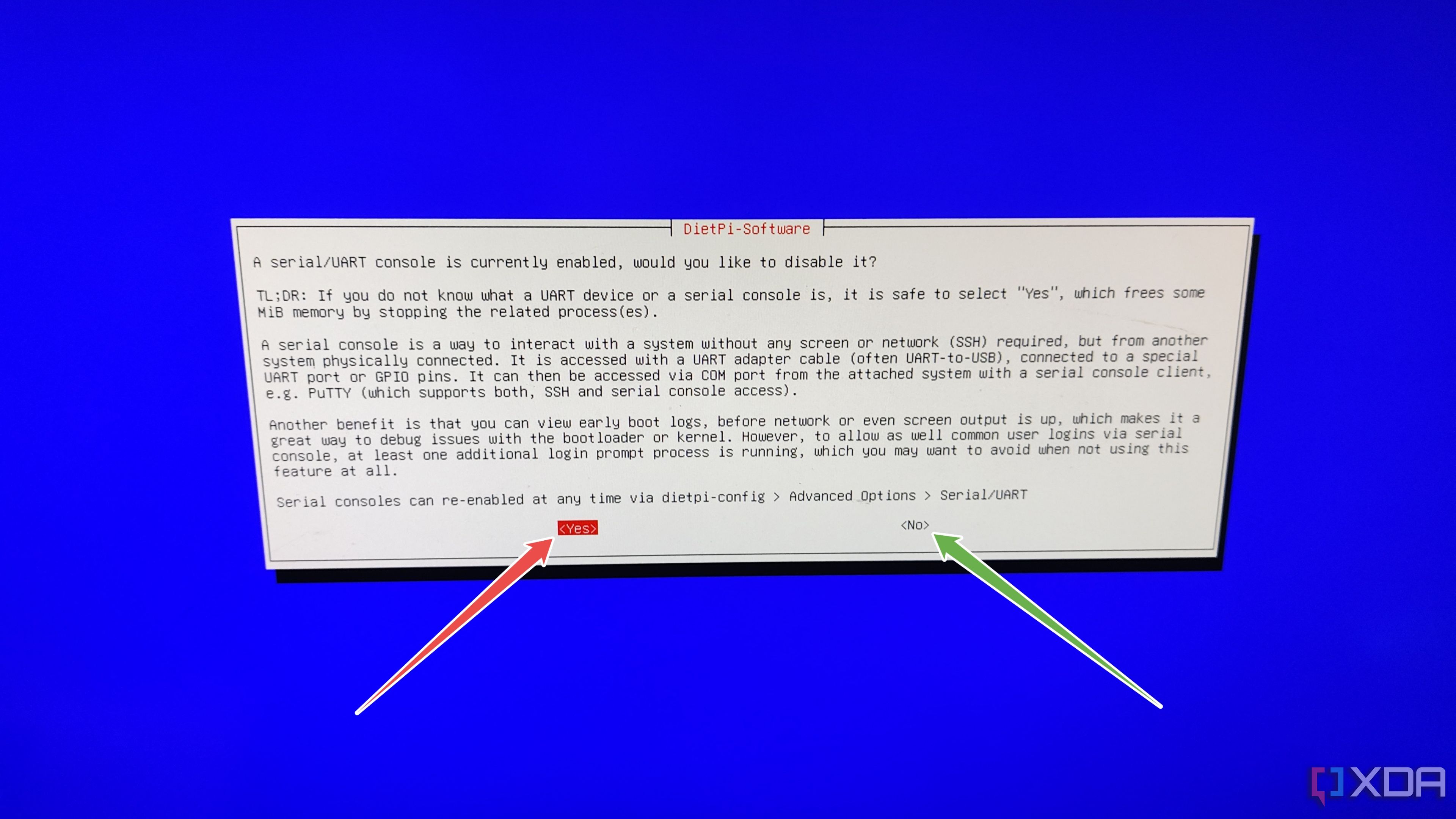 La consola serial/UART en el asistente de instalación de DietPi