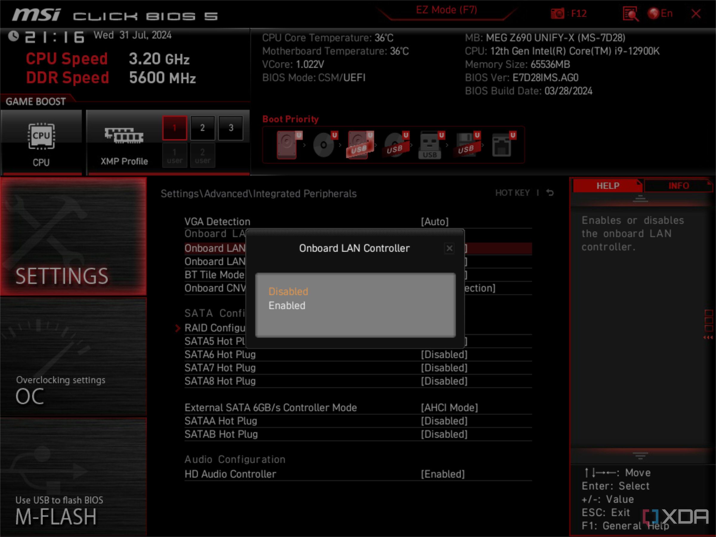 BIOS MSI que muestra que la Ethernet integrada está deshabilitada