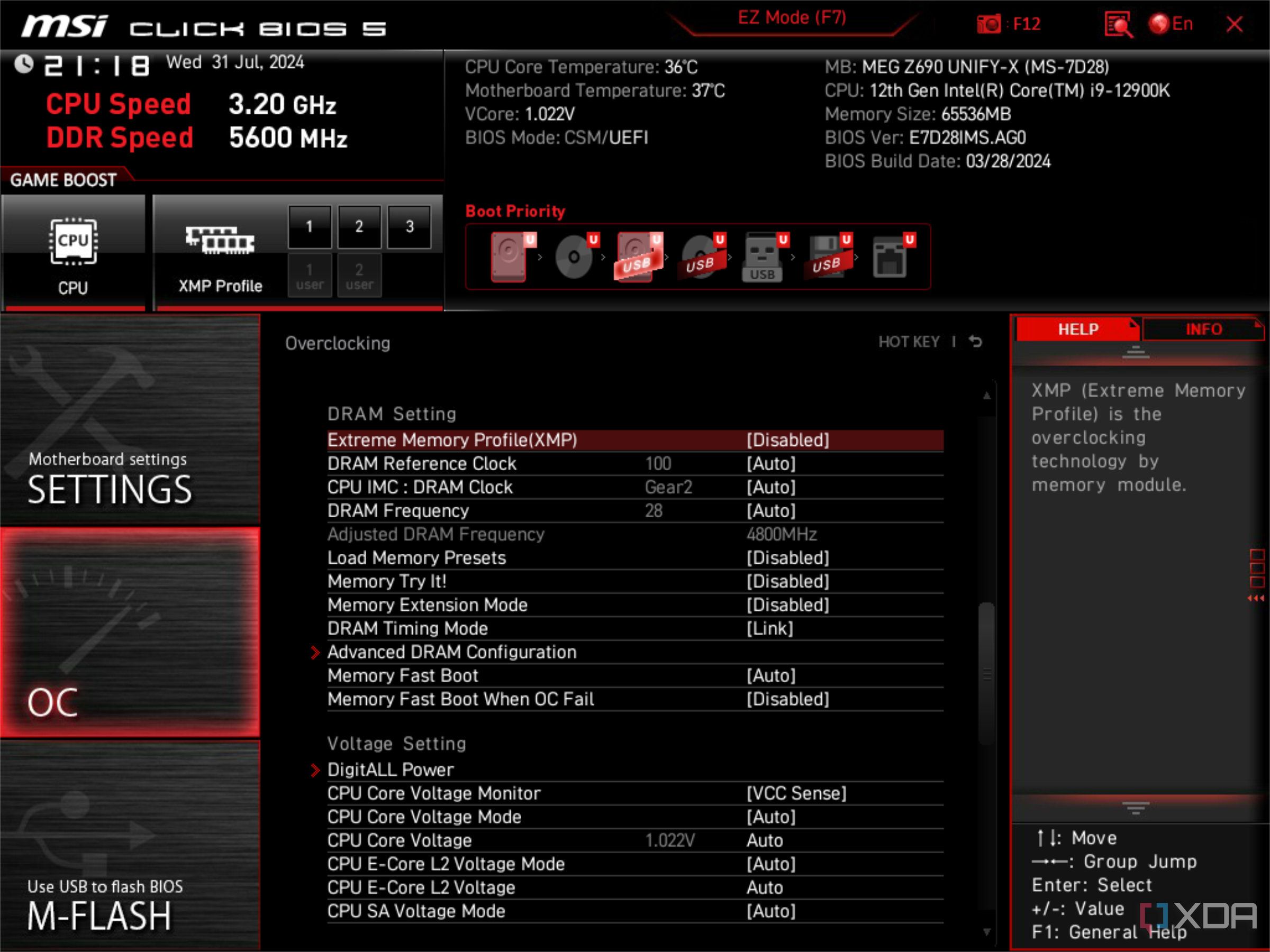 Pantalla de BIOS UEFI de MSI que muestra XMP deshabilitado