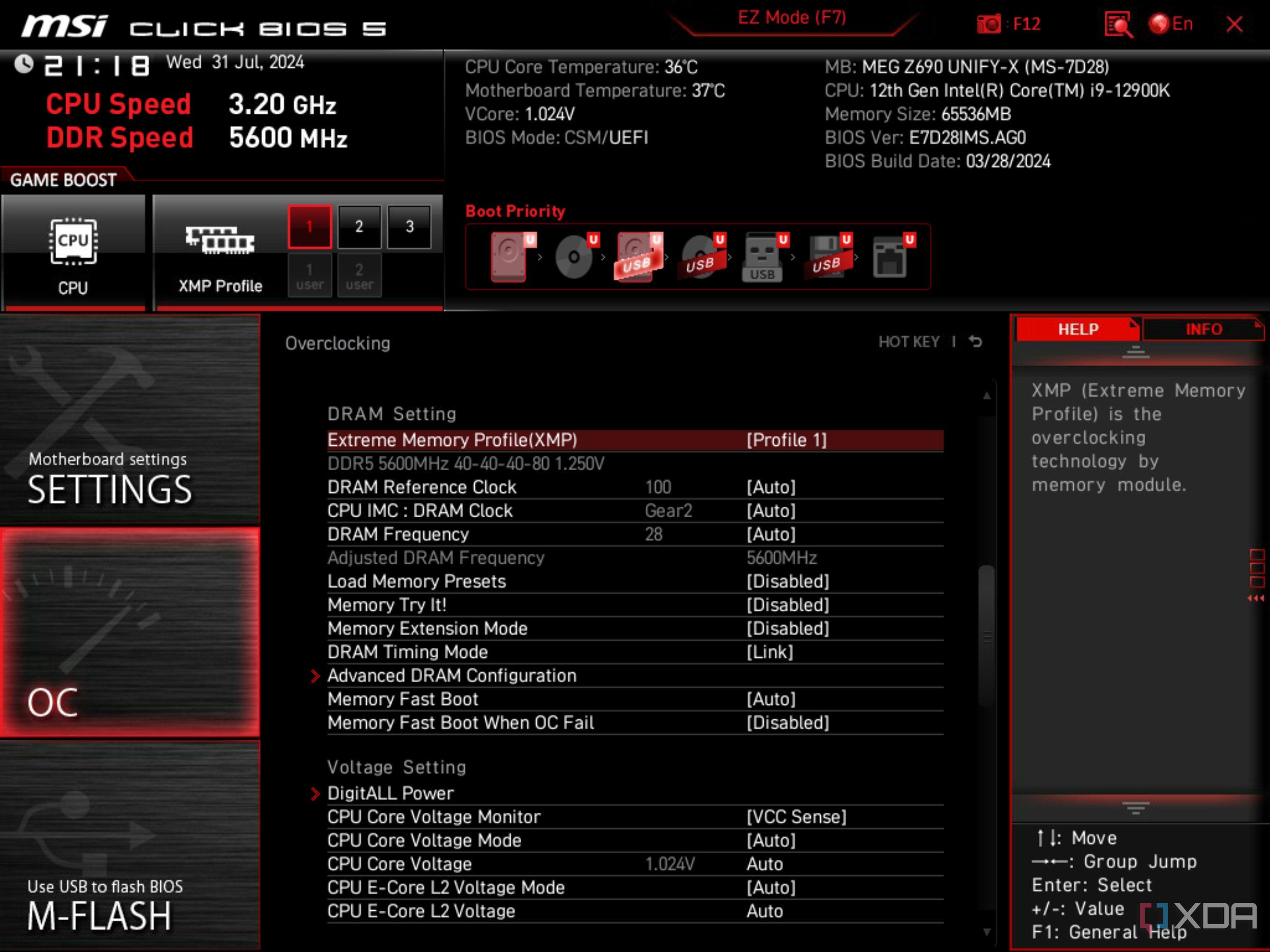 Pantalla de BIOS UEFI de MSI que muestra XMP habilitado