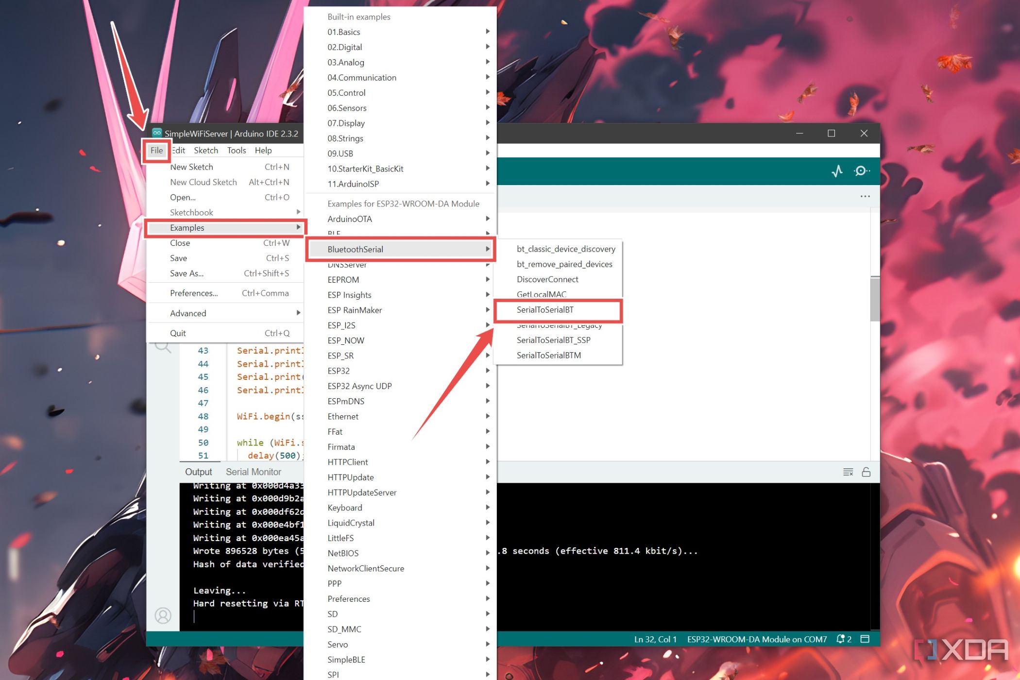 El procedimiento para abrir el archivo de ejemplo SerialToSerialBT en el IDE de Arduino