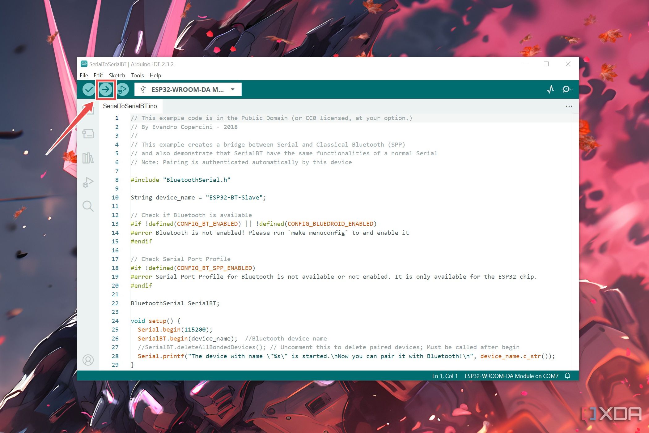 Subir el archivo SerialToSerialBT al IDE de Arduino