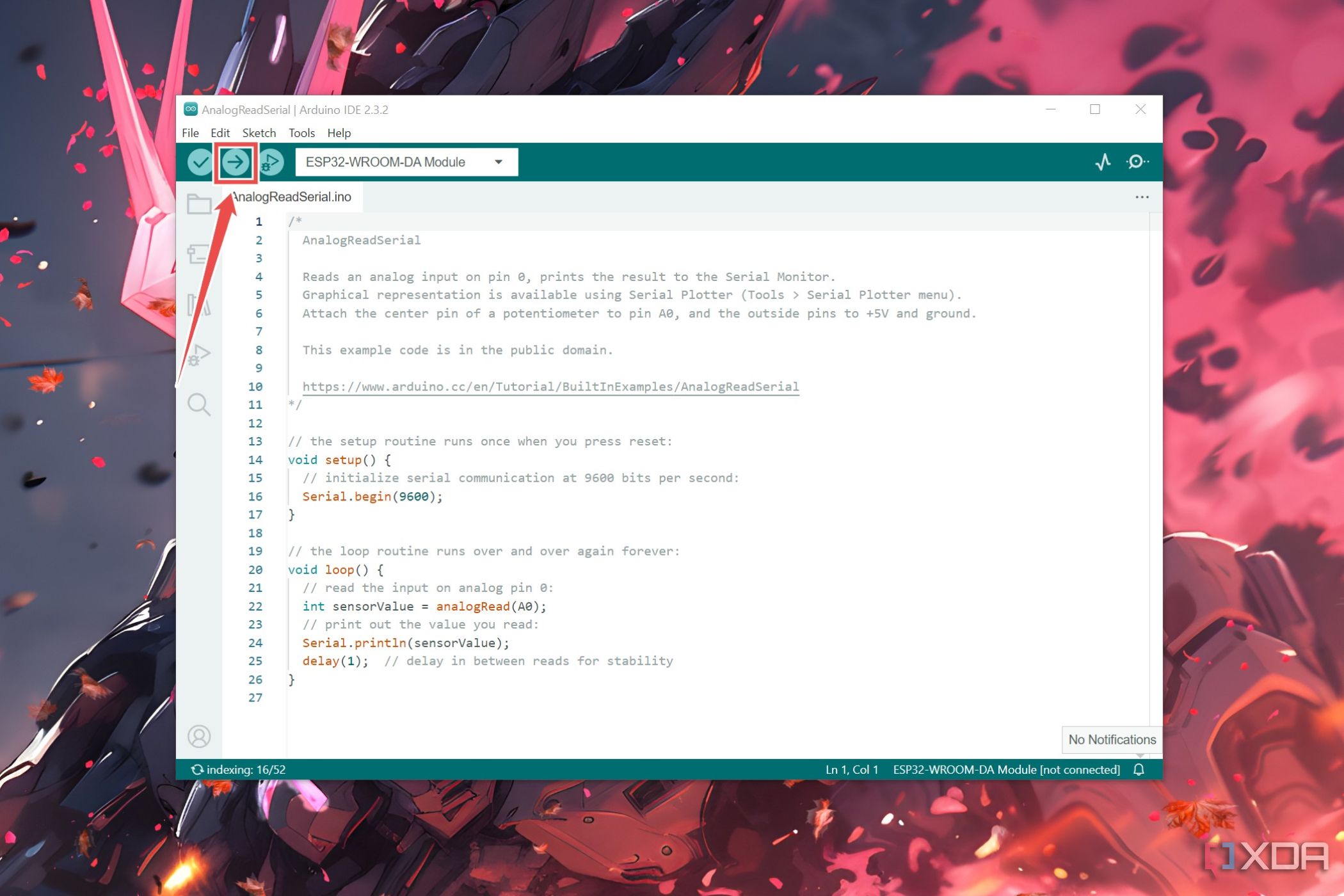 El procedimiento para cargar el script AnalogReadSerial a la placa Arduino