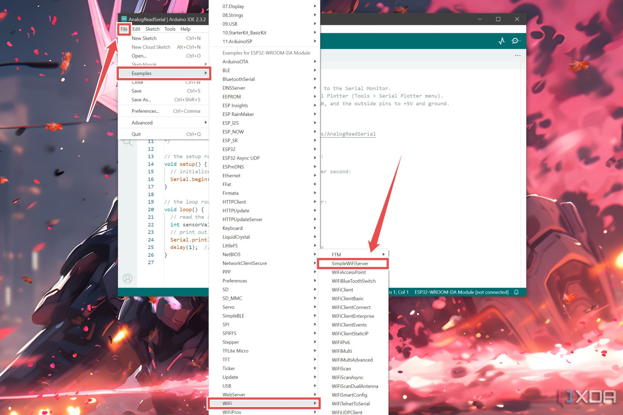 El procedimiento para abrir el archivo de ejemplo SimpleWiFiServer en el IDE de Arduino