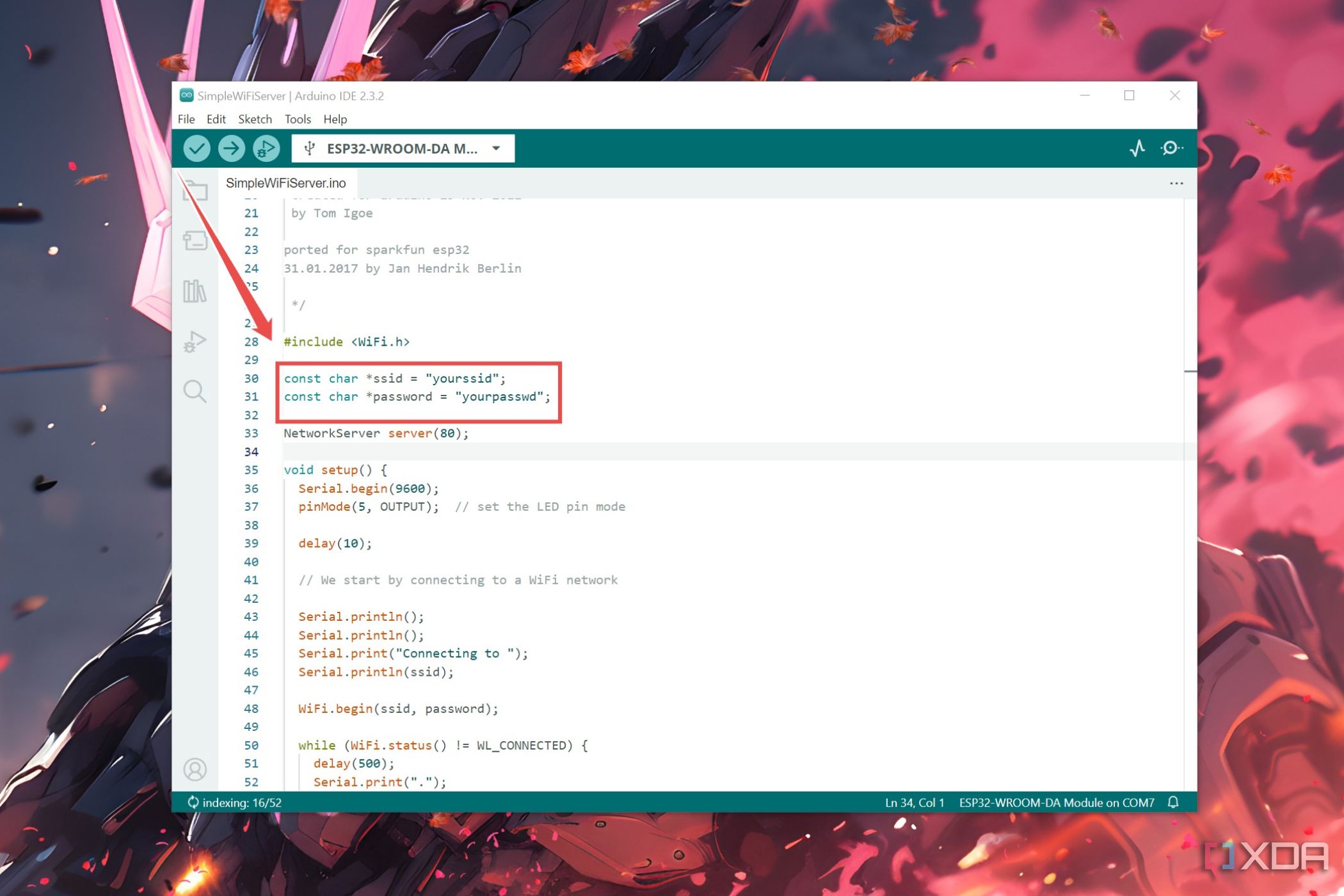 El archivo de ejemplo SimpleWiFiServer con las opciones ssid y contraseña resaltadas en el IDE de Arduino