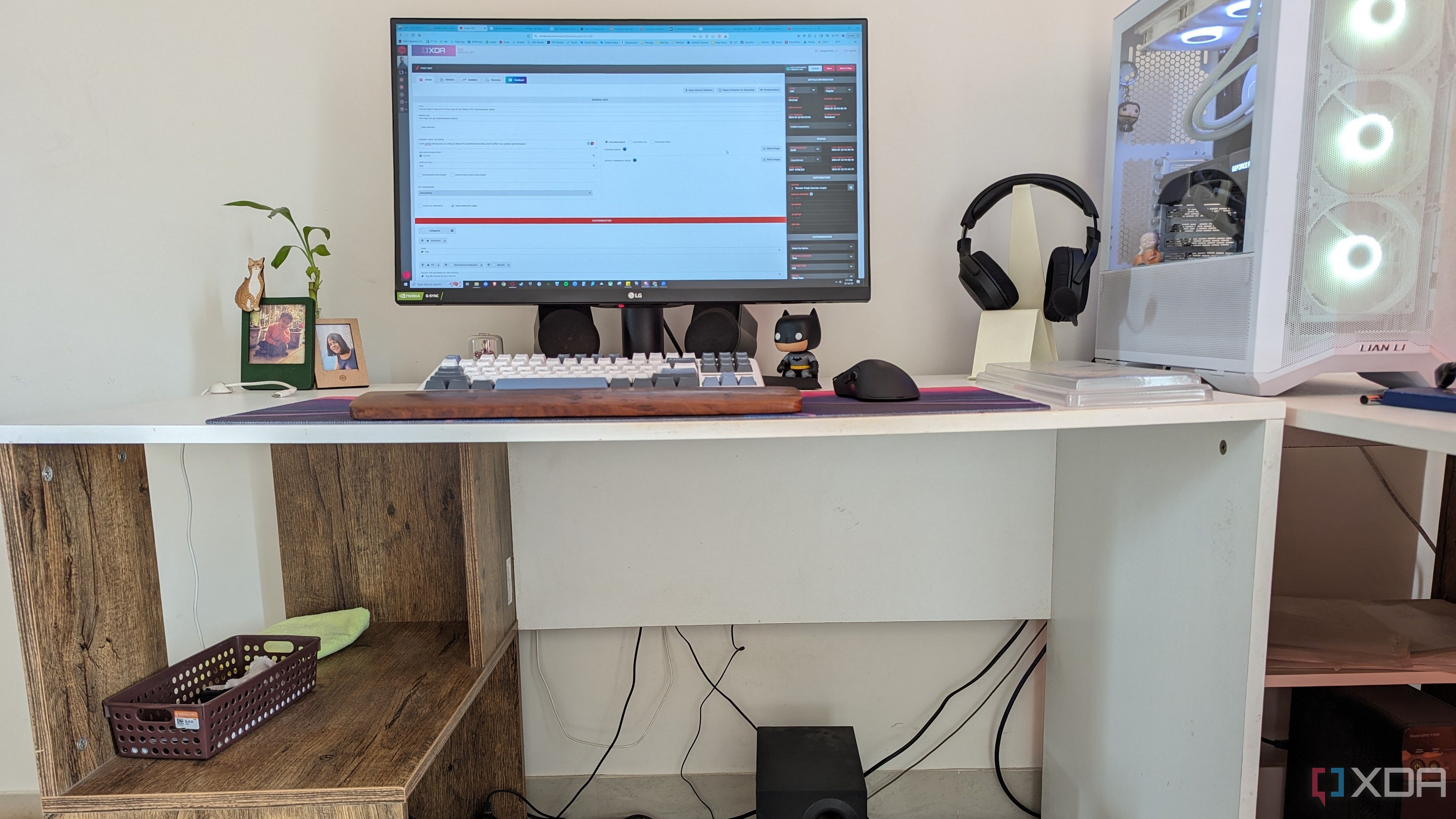 The gaming PC setup shows a tangle of cables under the desk