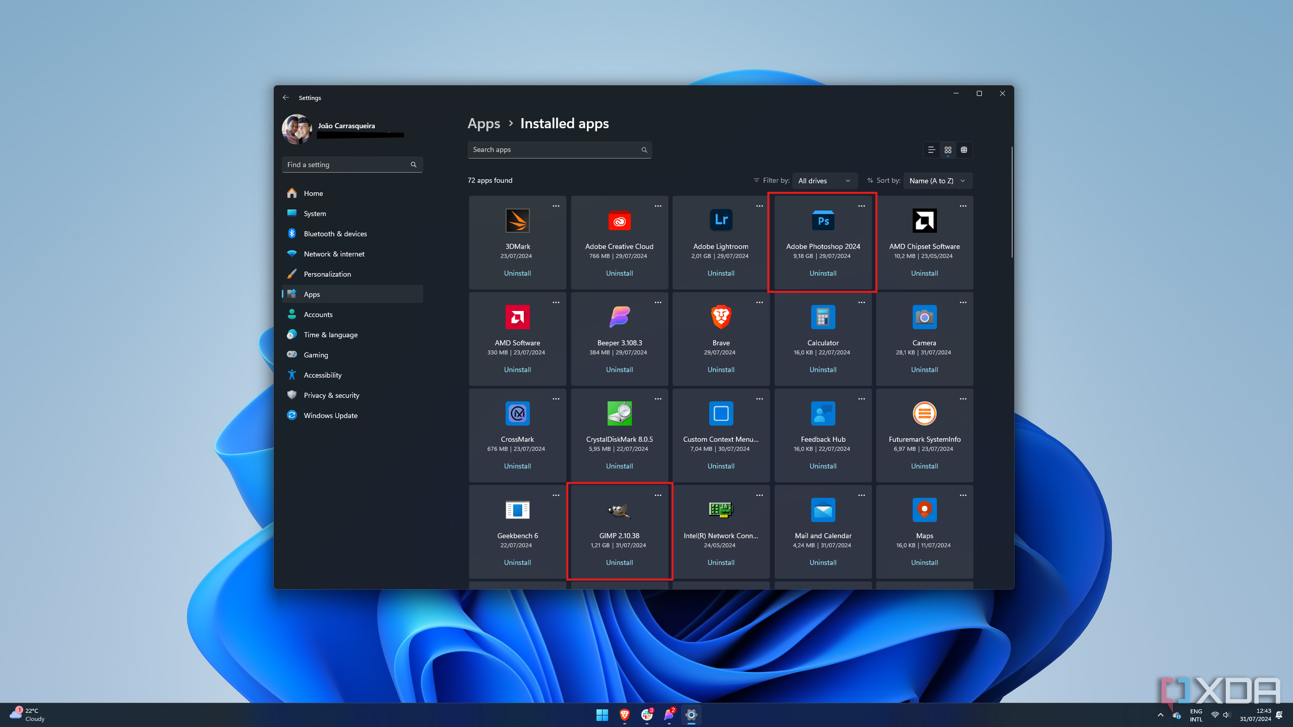 Captura de pantalla de la configuración de Windows 1 que muestra el tamaño de Photoshop y GIMP en una PC