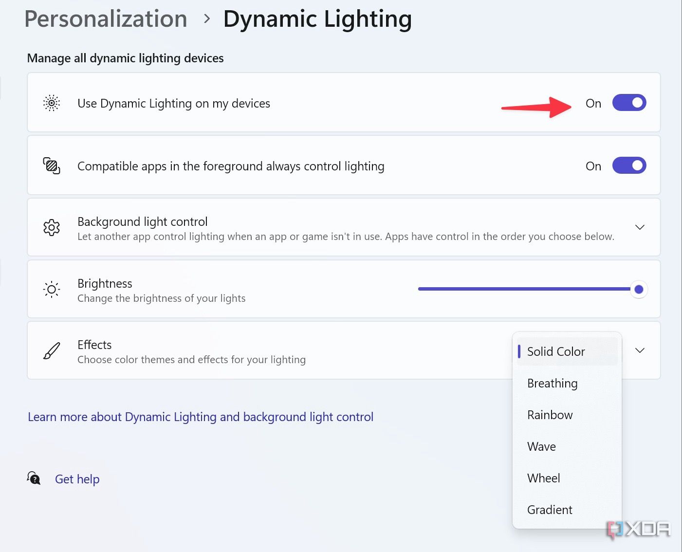 Dynamic lightging settings