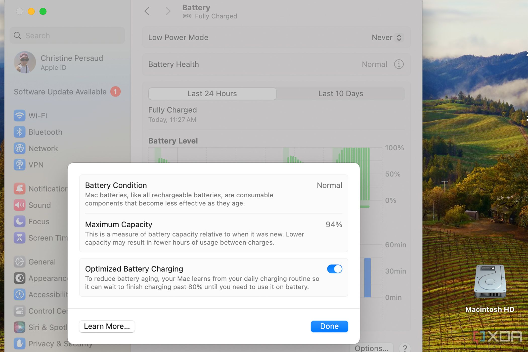 Una página de Configuración del sistema de la batería de MacBook que muestra el estado de la batería.