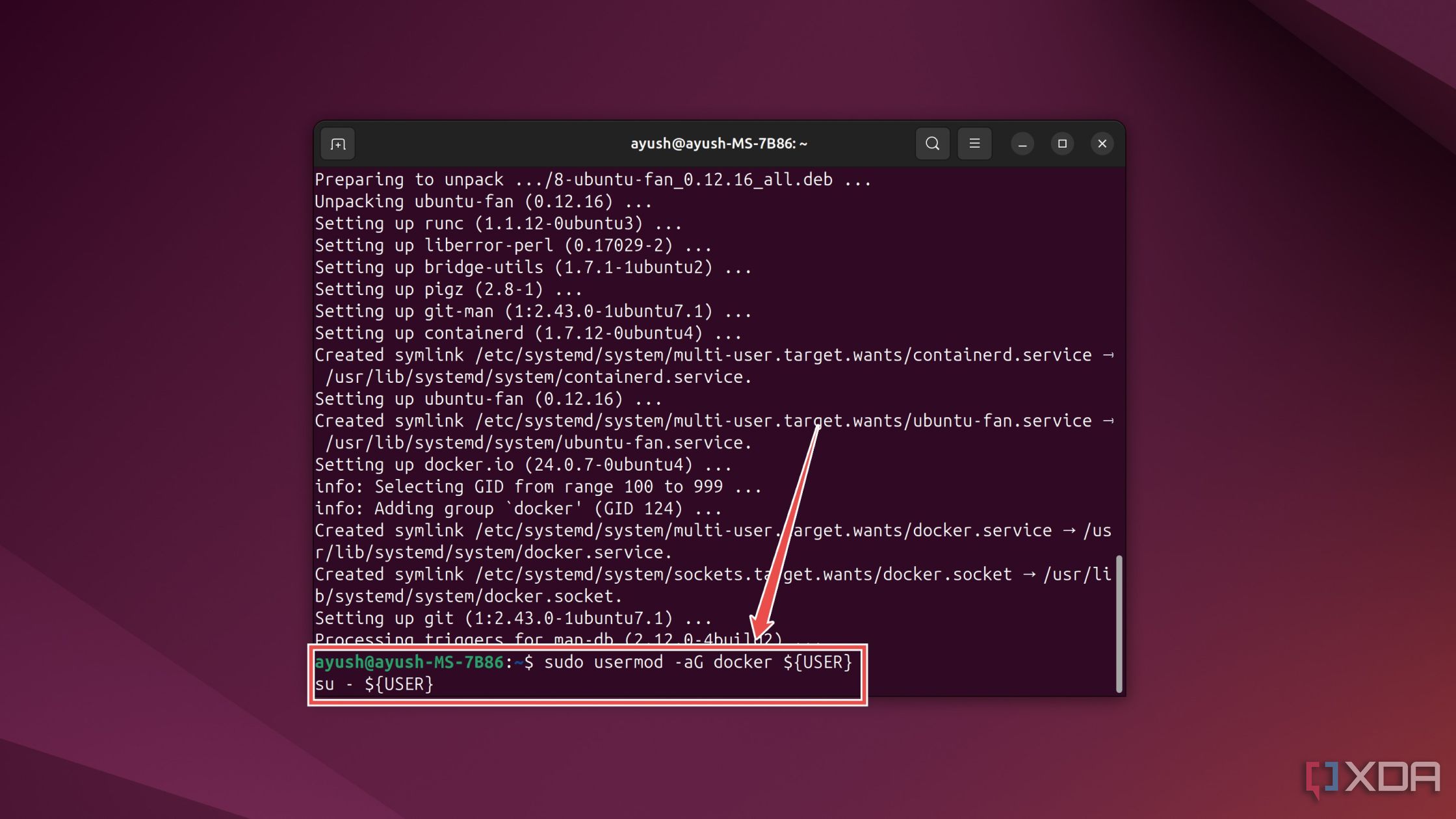 El comando de terminal para modificar los privilegios del grupo Docker en Ubuntu