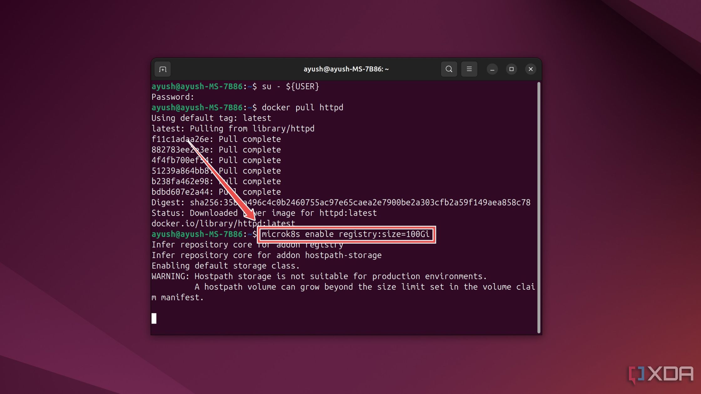 El comando de terminal para habilitar el registro de MicroK8s en Ubuntu